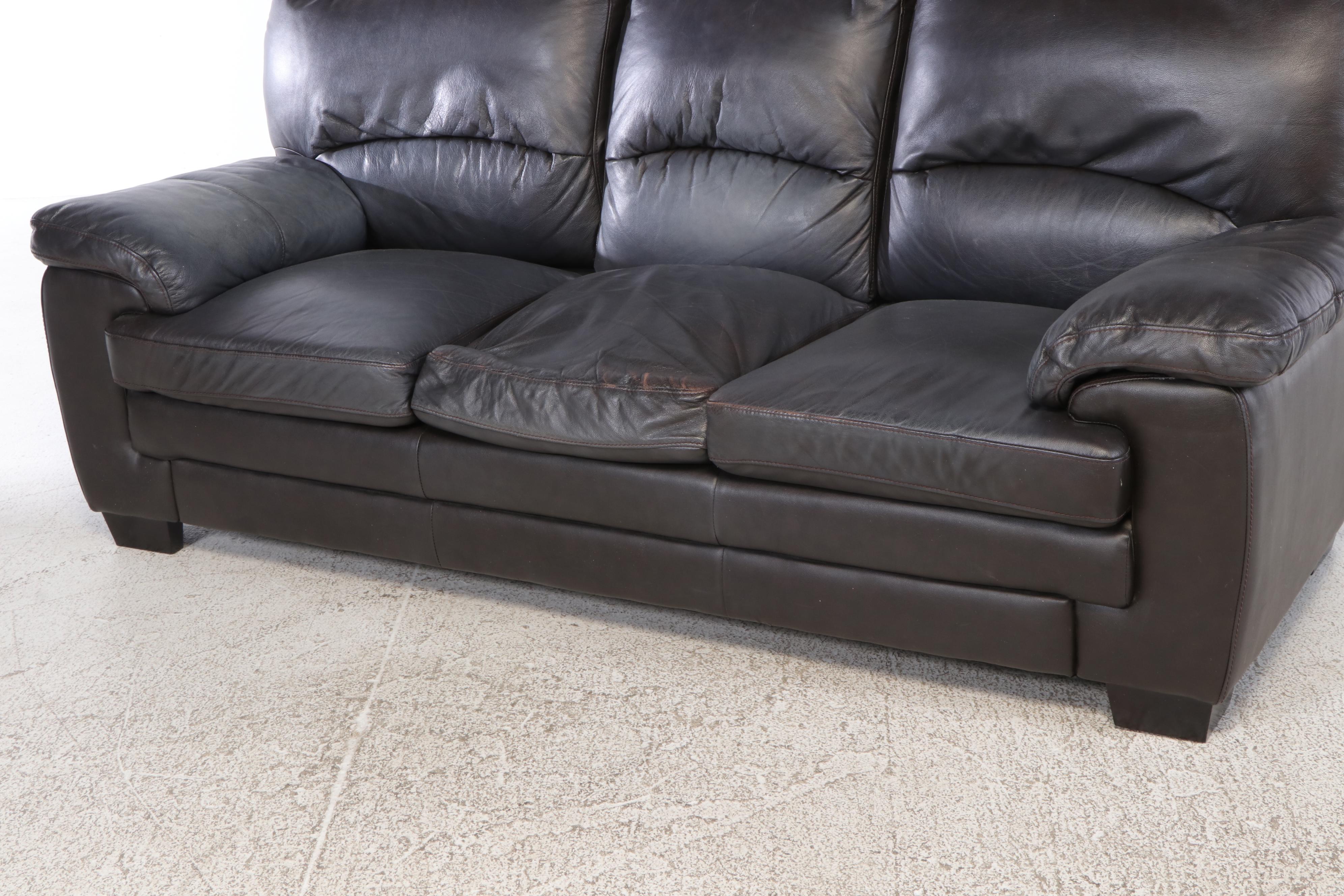 Overstuffed Faux Leather Sofa