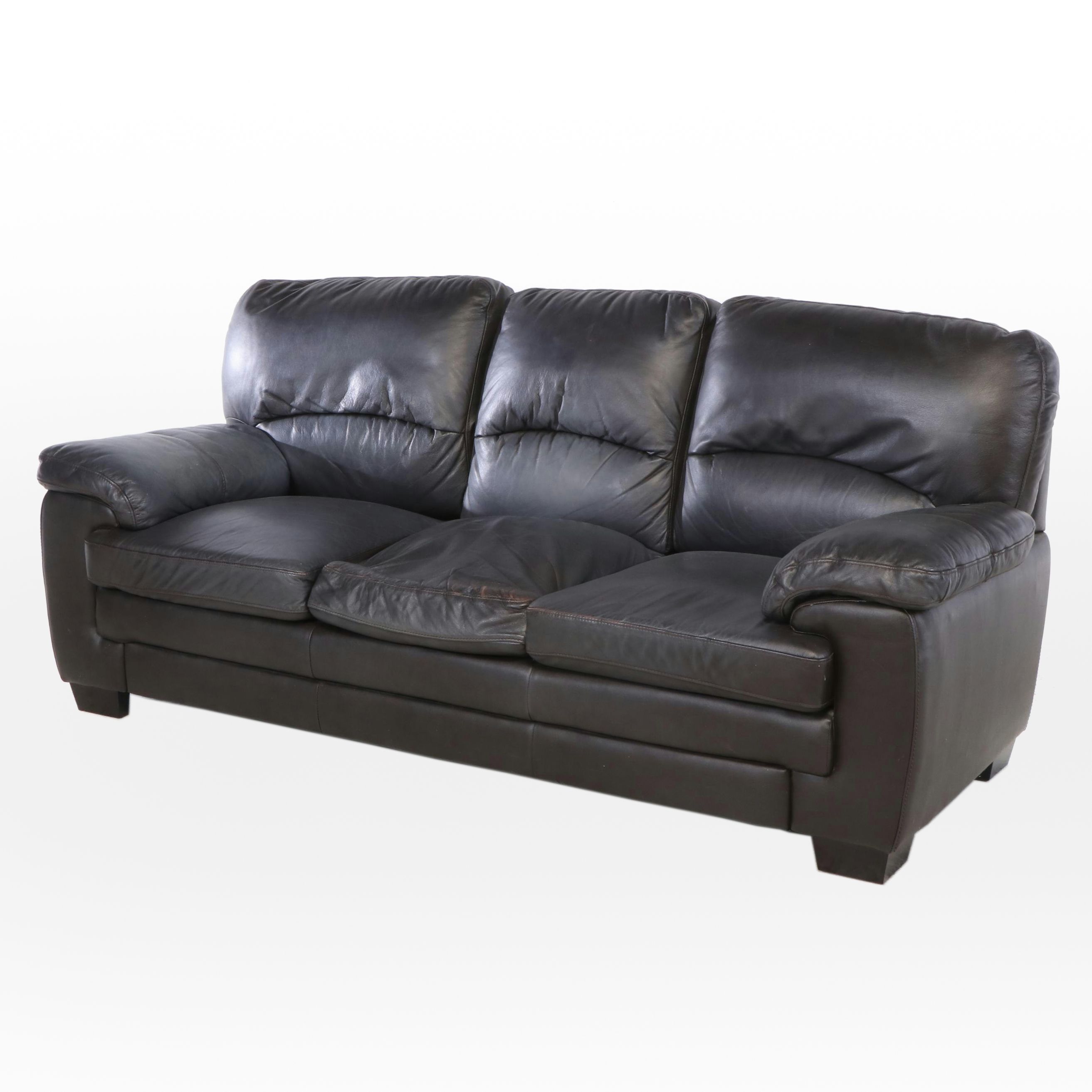 Overstuffed Faux Leather Sofa