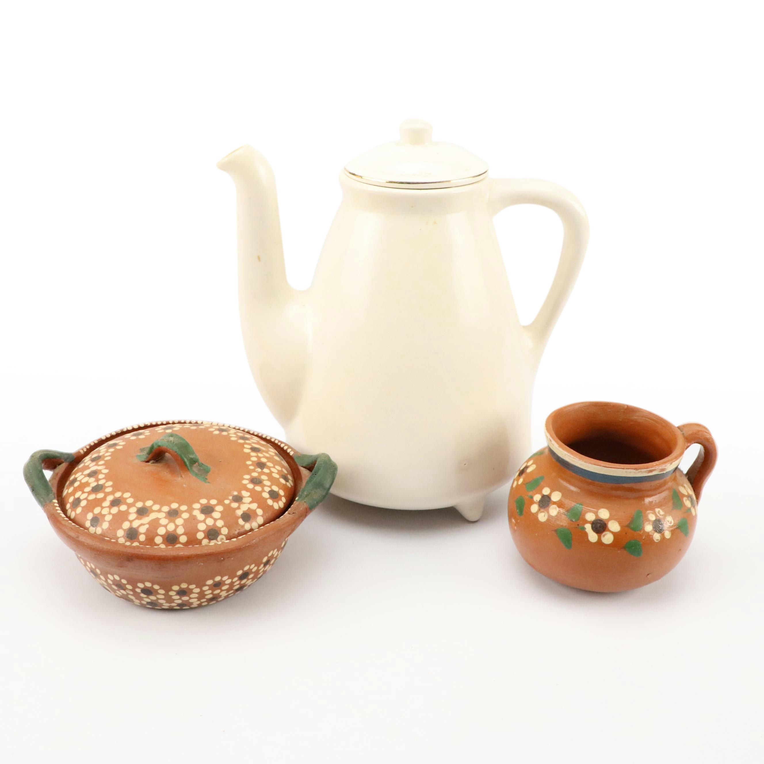 Mexican Folk Art Pottery Covered Dish and Mug with Other Coffee Pot