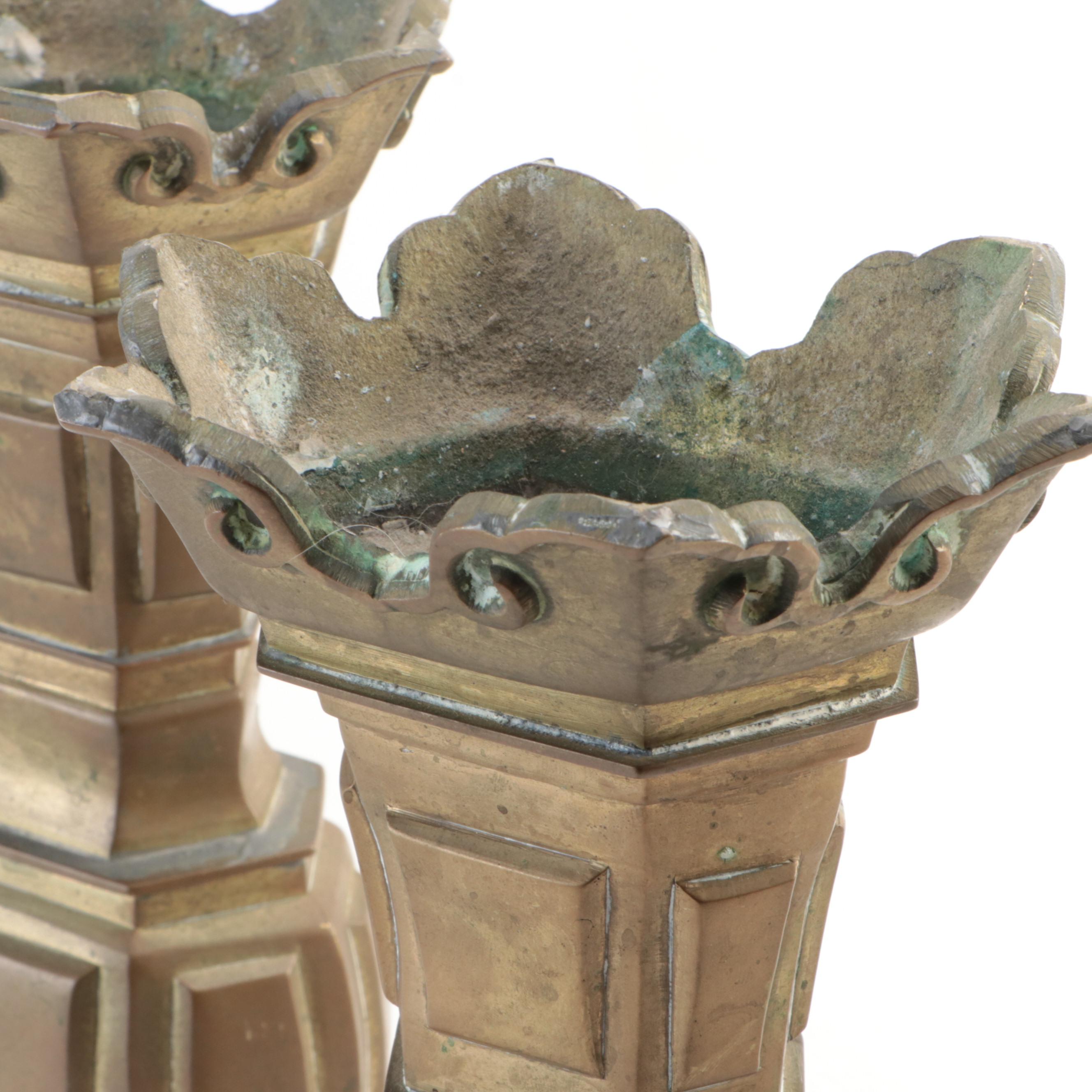 Pair of Victorian Style Brass Candlesticks with Gothic Revival Style Vases