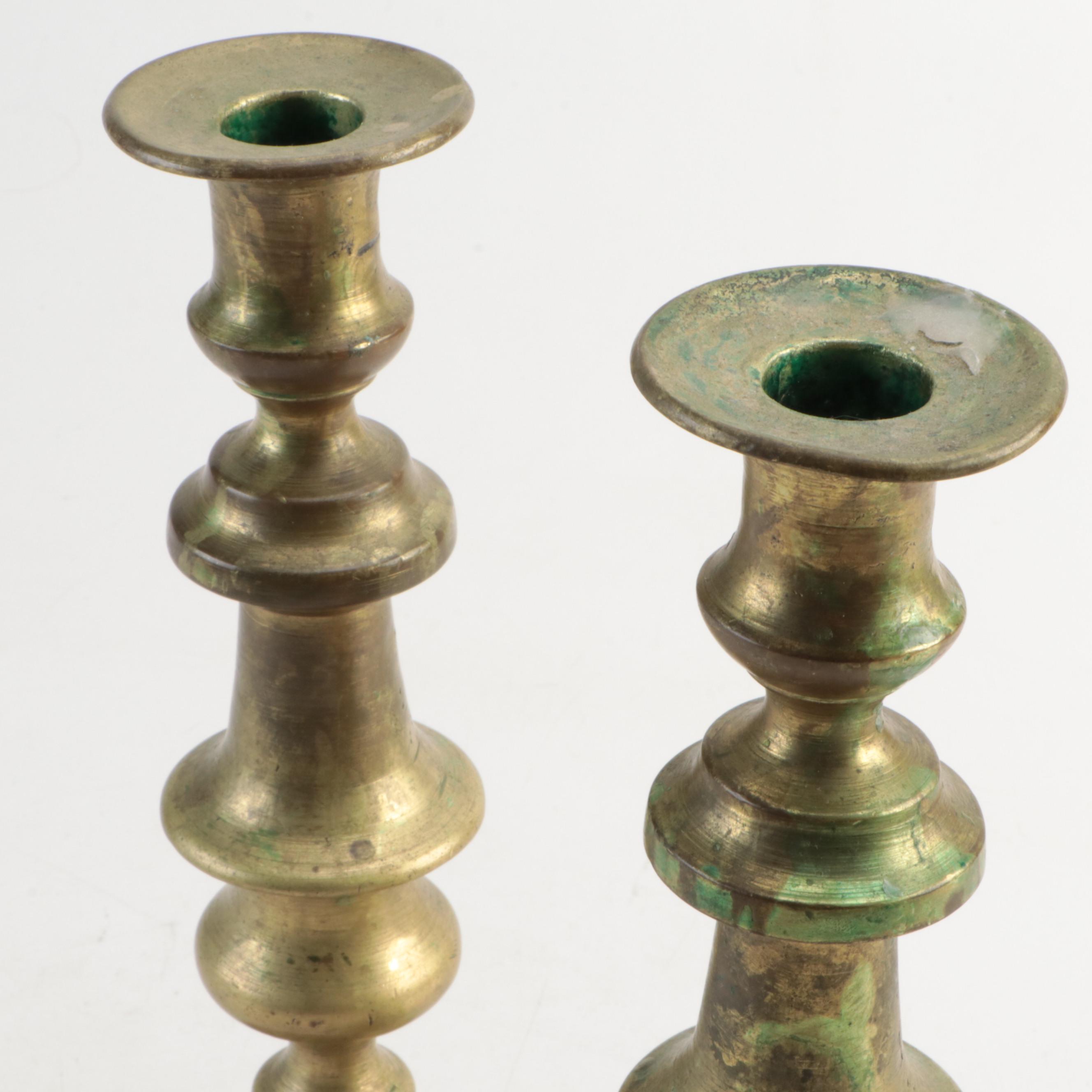 Pair of Victorian Style Brass Candlesticks with Gothic Revival Style Vases