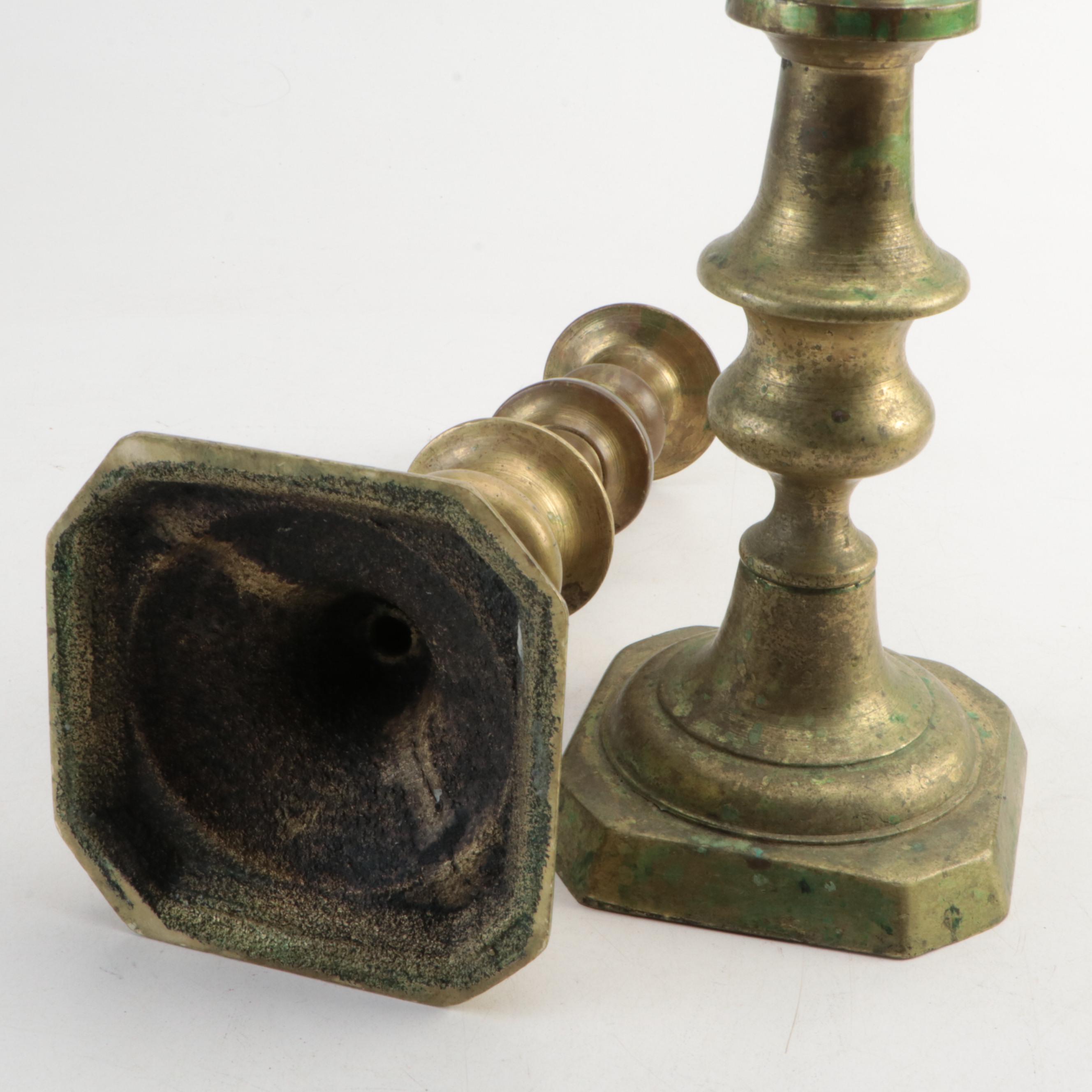 Pair of Victorian Style Brass Candlesticks with Gothic Revival Style Vases