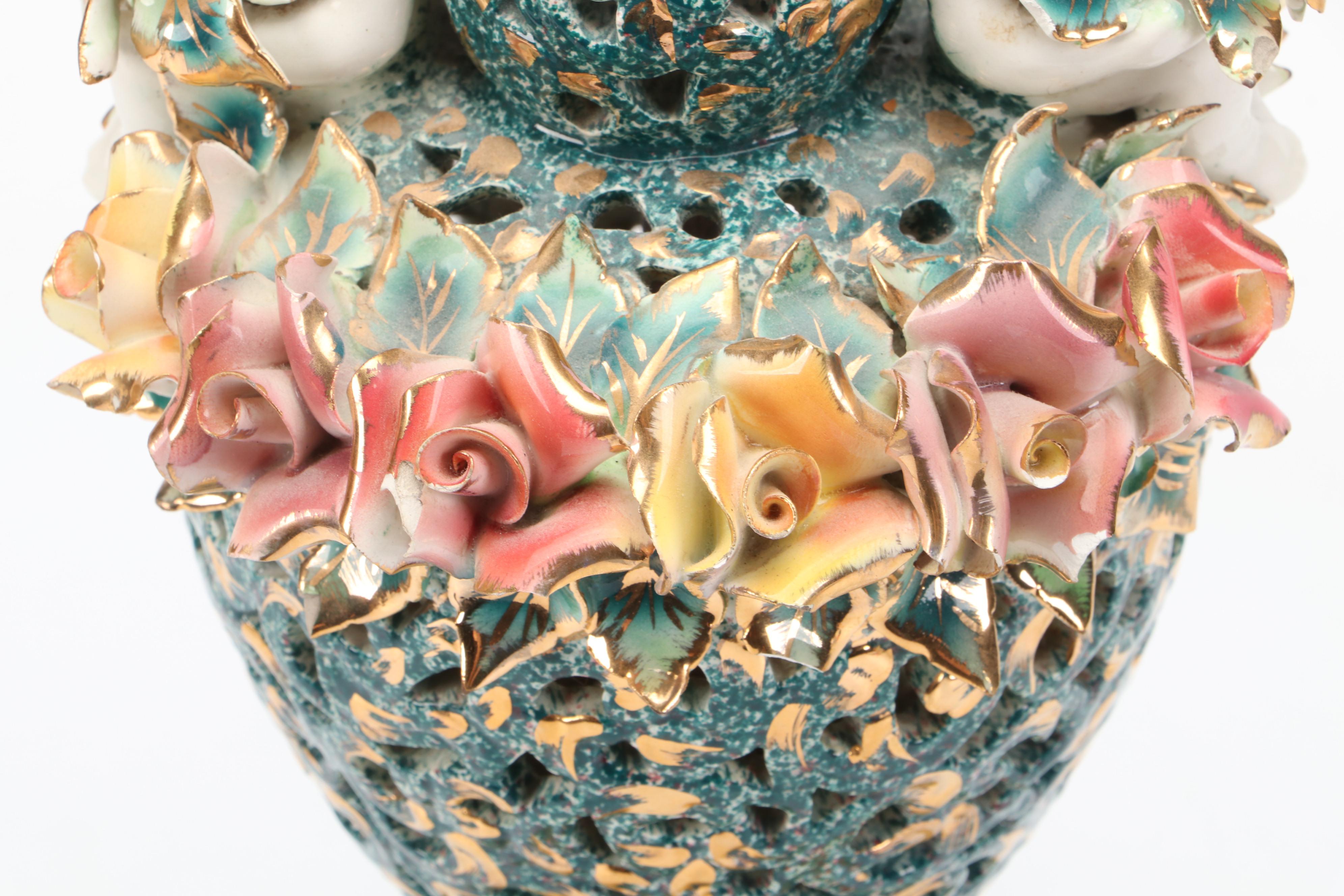 Capodimonte Style Hand-Painted Pierced Porcelain Lamp with Putti & Roses