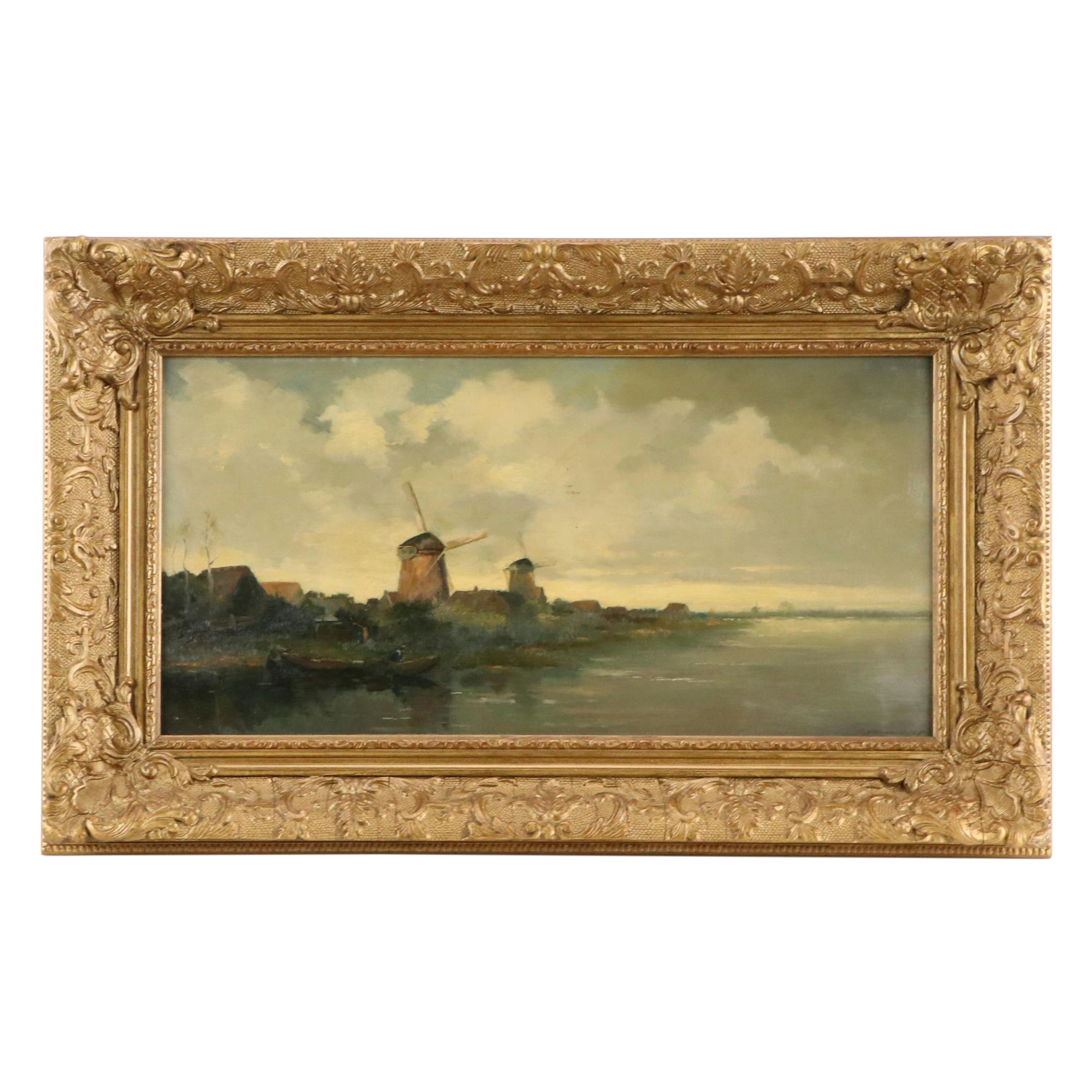 Dutch Landscape Oil Painting with Windmills, Early 20th Century