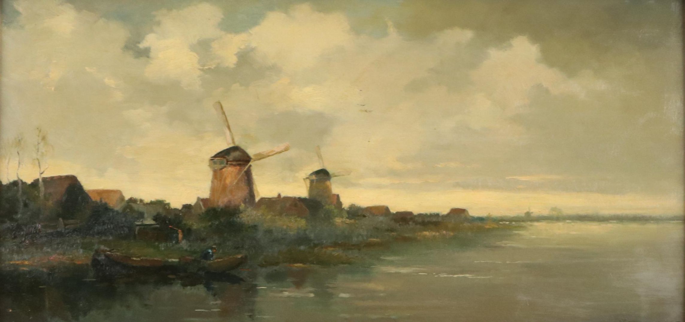 Dutch Landscape Oil Painting with Windmills, Early 20th Century