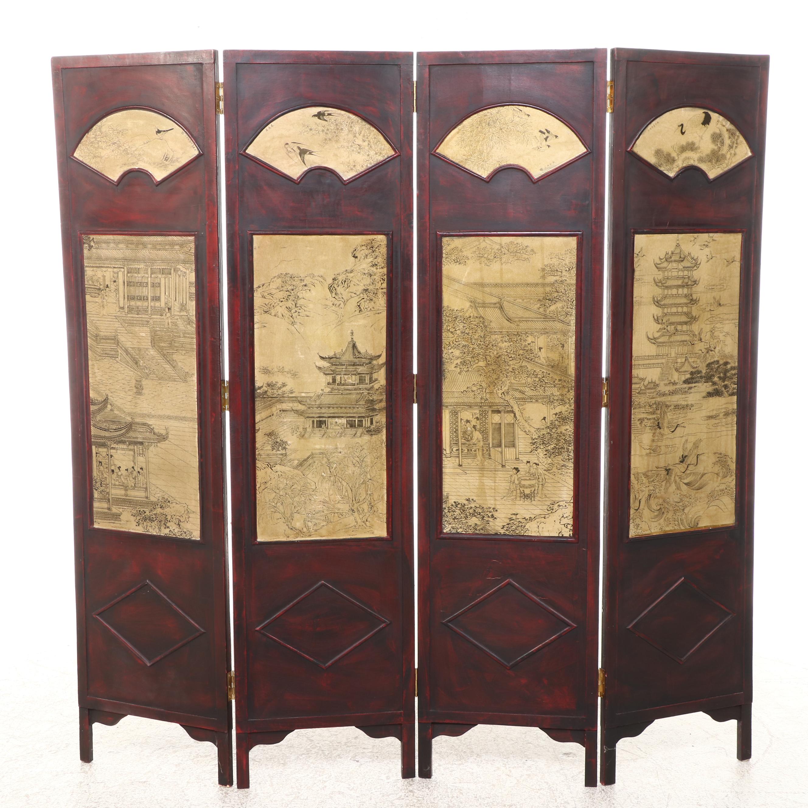 East Asian Style Wood Four-Panel Room Divider