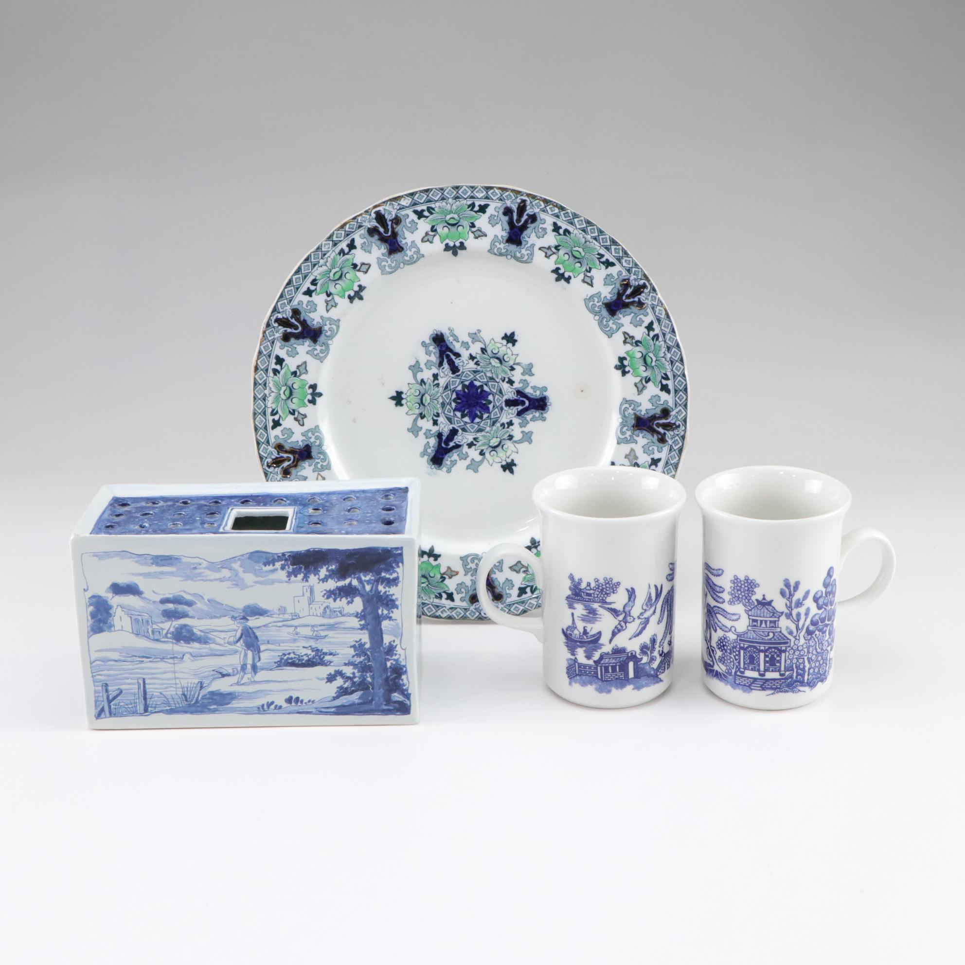 Dunn, Bennett & Co "Glencoe" Ironstone Plate with Delft Flower Frog and Mugs