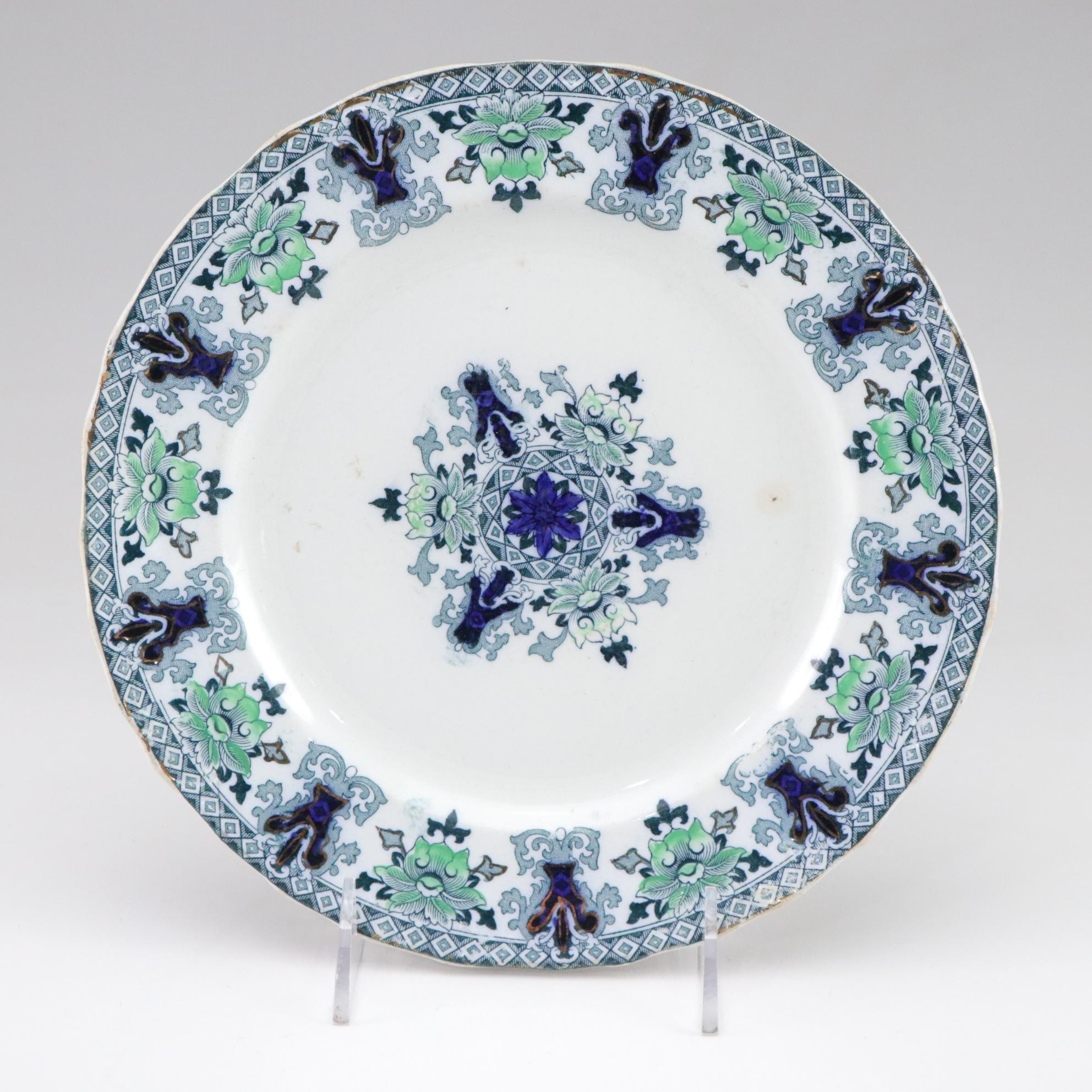 Dunn, Bennett & Co "Glencoe" Ironstone Plate with Delft Flower Frog and Mugs