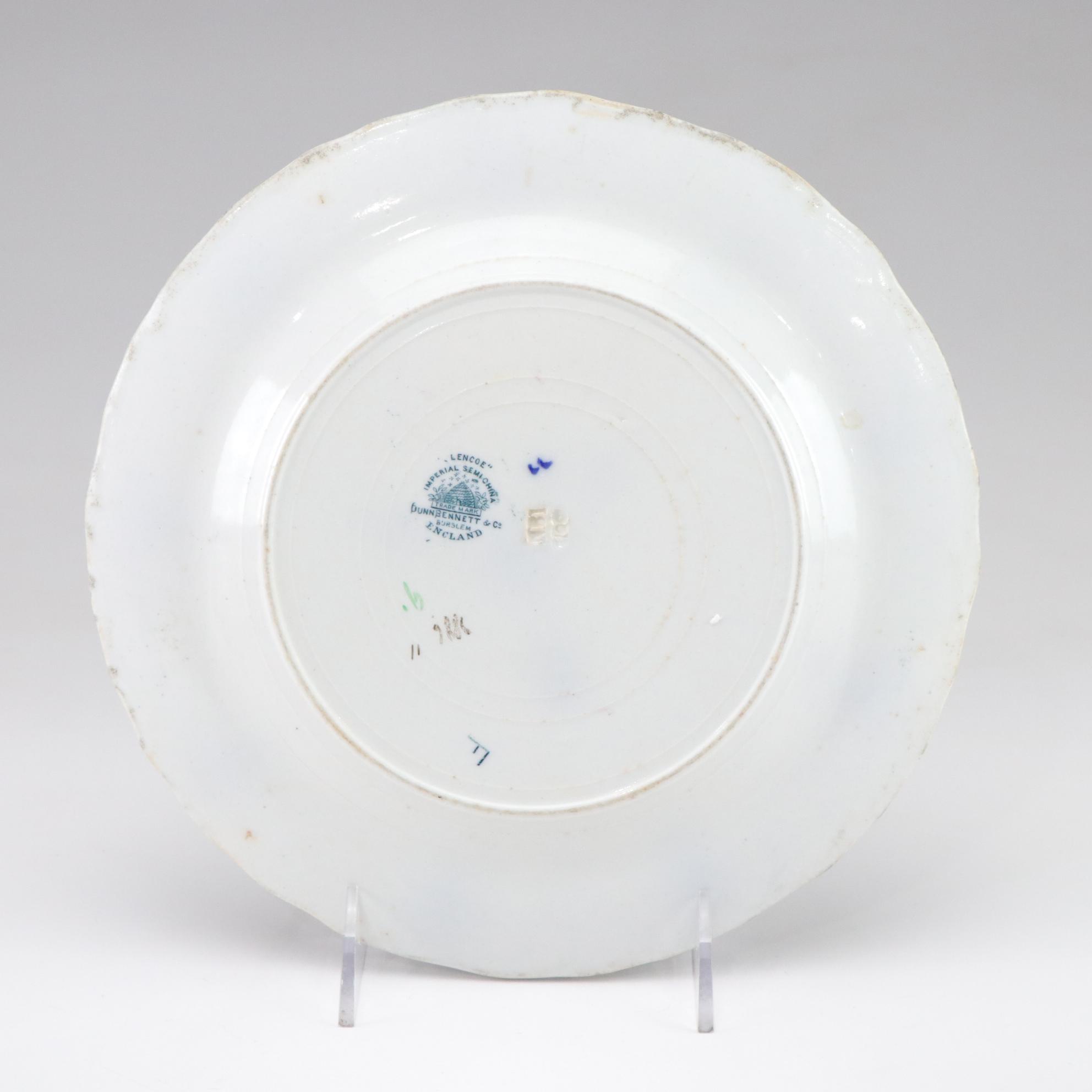 Dunn, Bennett & Co "Glencoe" Ironstone Plate with Delft Flower Frog and Mugs