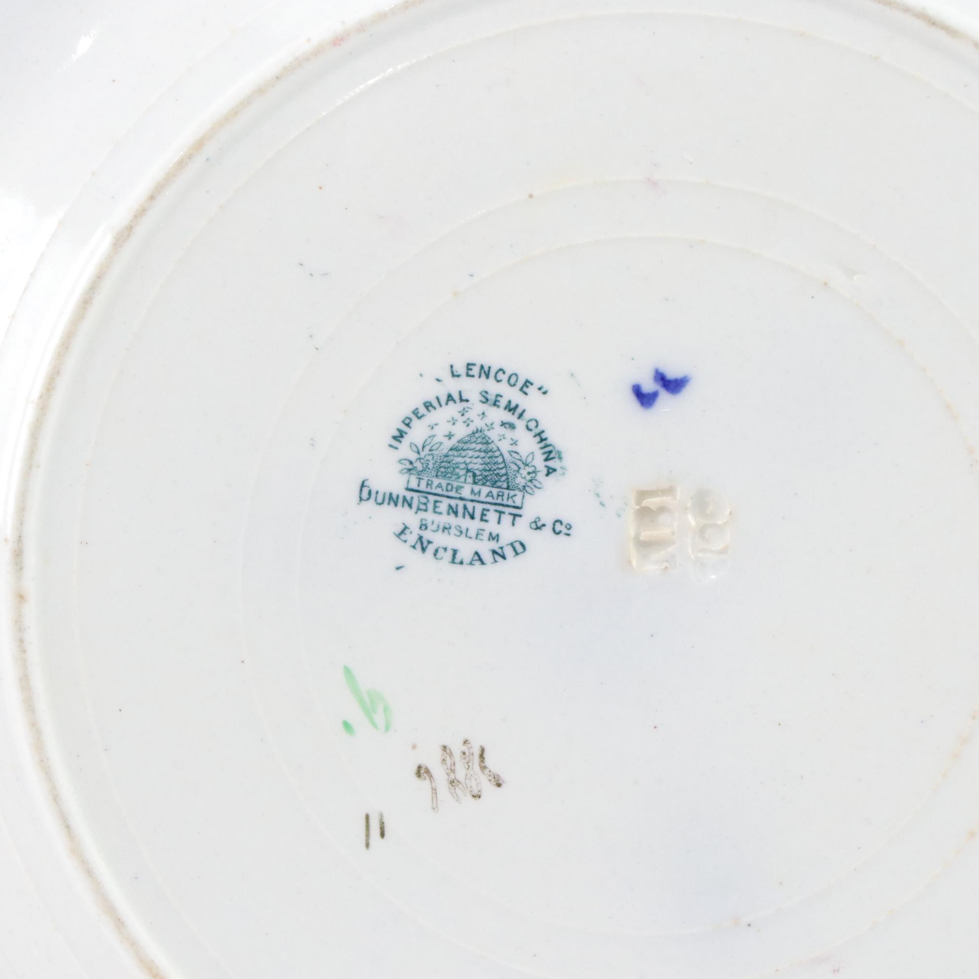 Dunn, Bennett & Co "Glencoe" Ironstone Plate with Delft Flower Frog and Mugs