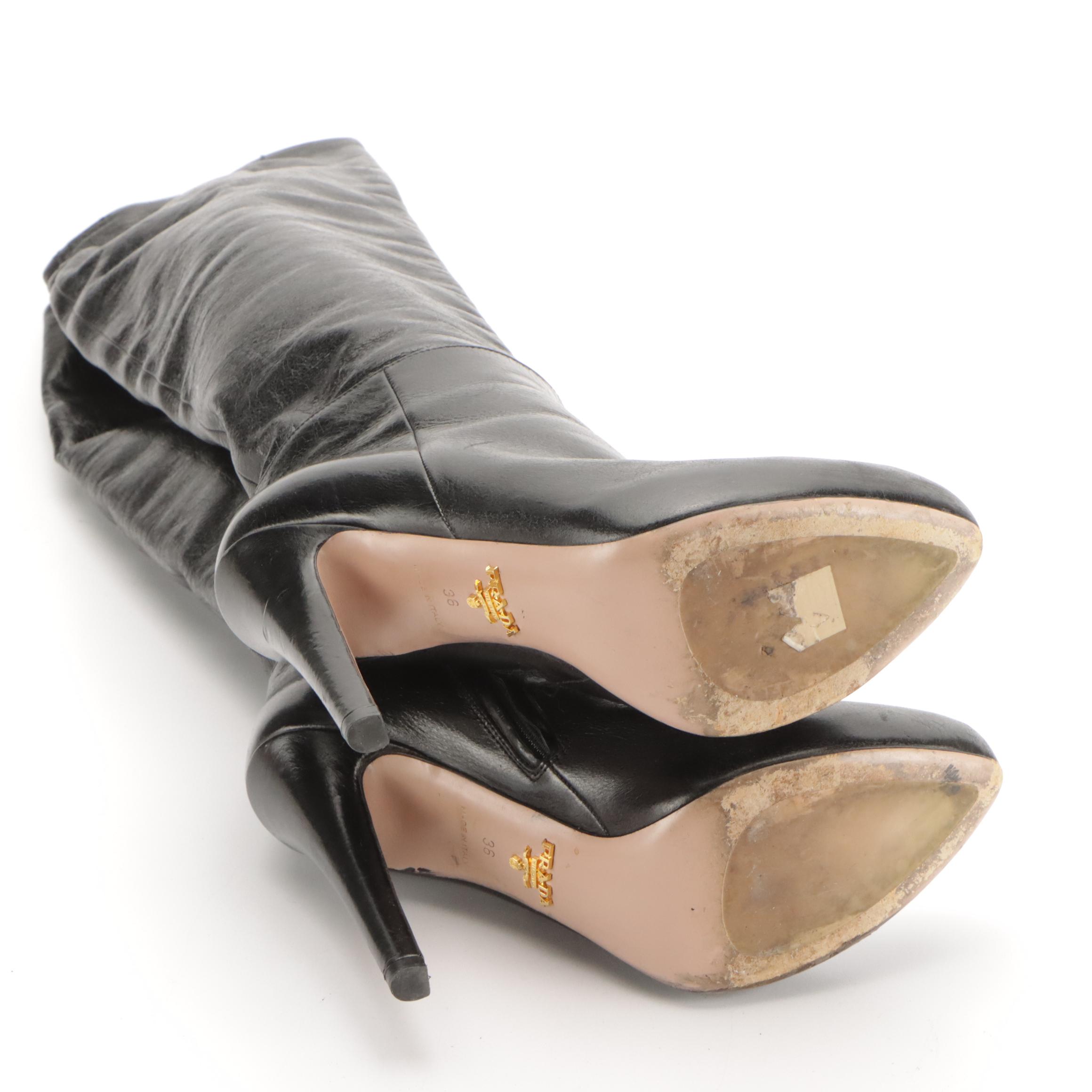 Prada Knee High Stiletto Boots in Black Leather