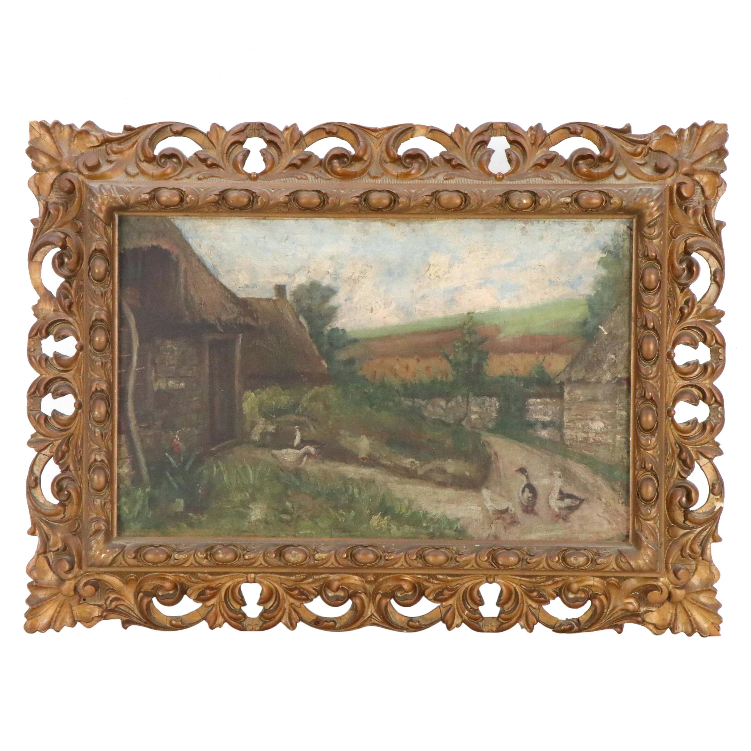 Landscape Oil Painting with Ducks, 19th Century