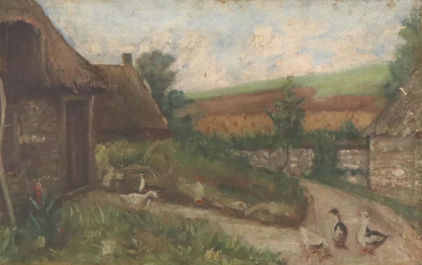 Landscape Oil Painting with Ducks, 19th Century