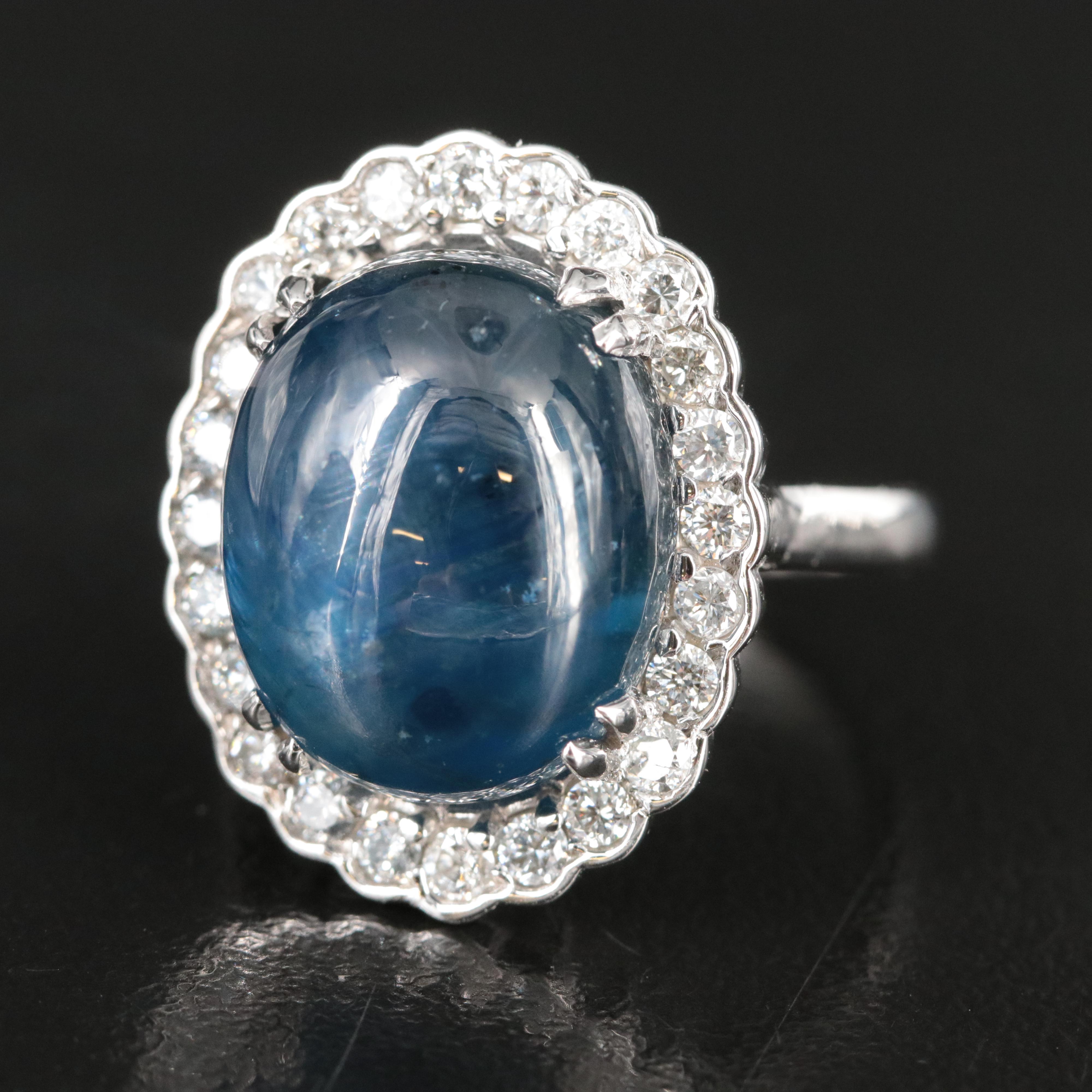 14K 16.36 CT Sapphire Cabochon and Diamond Halo Ring