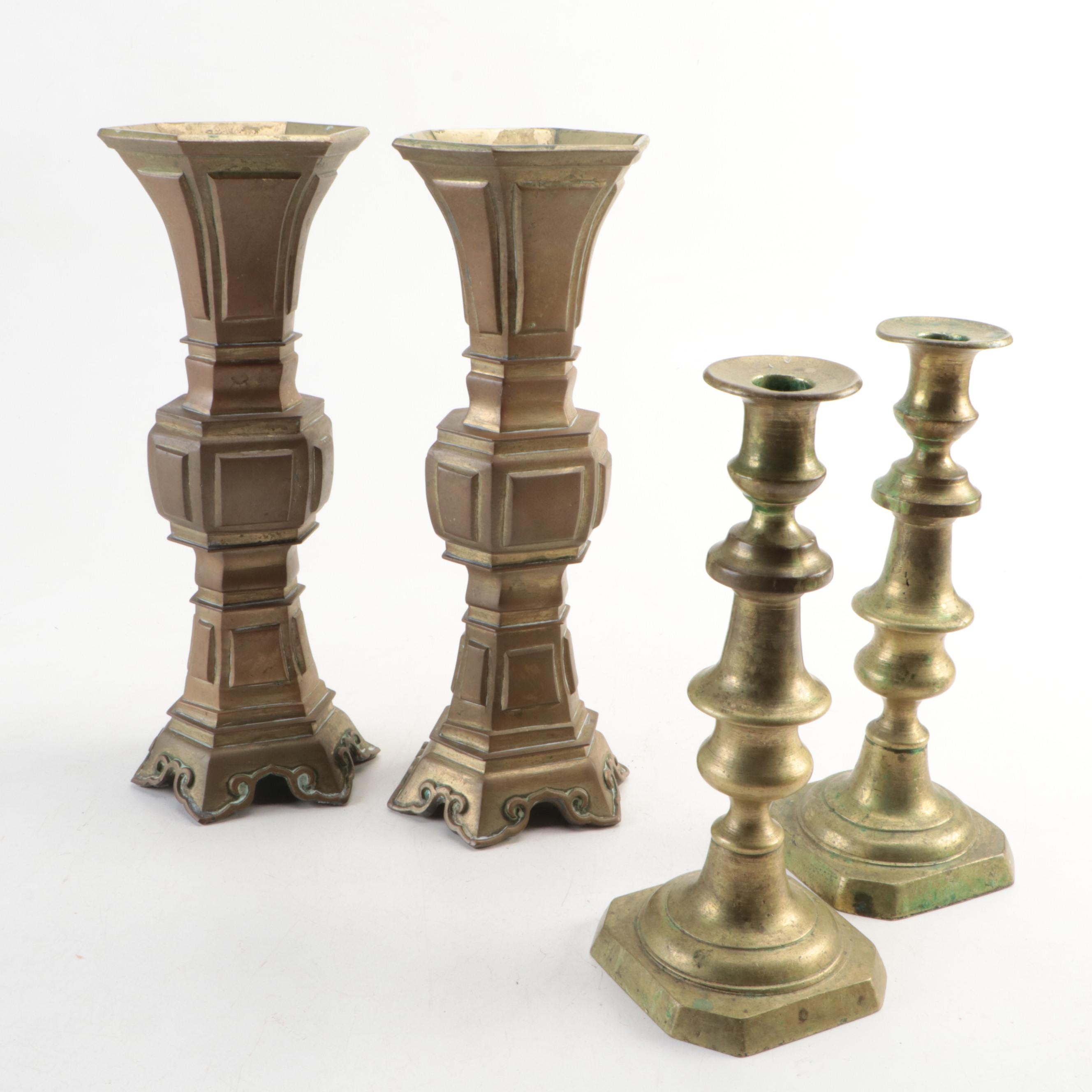 Pair of Victorian Style Brass Candlesticks with Gothic Revival Style Vases