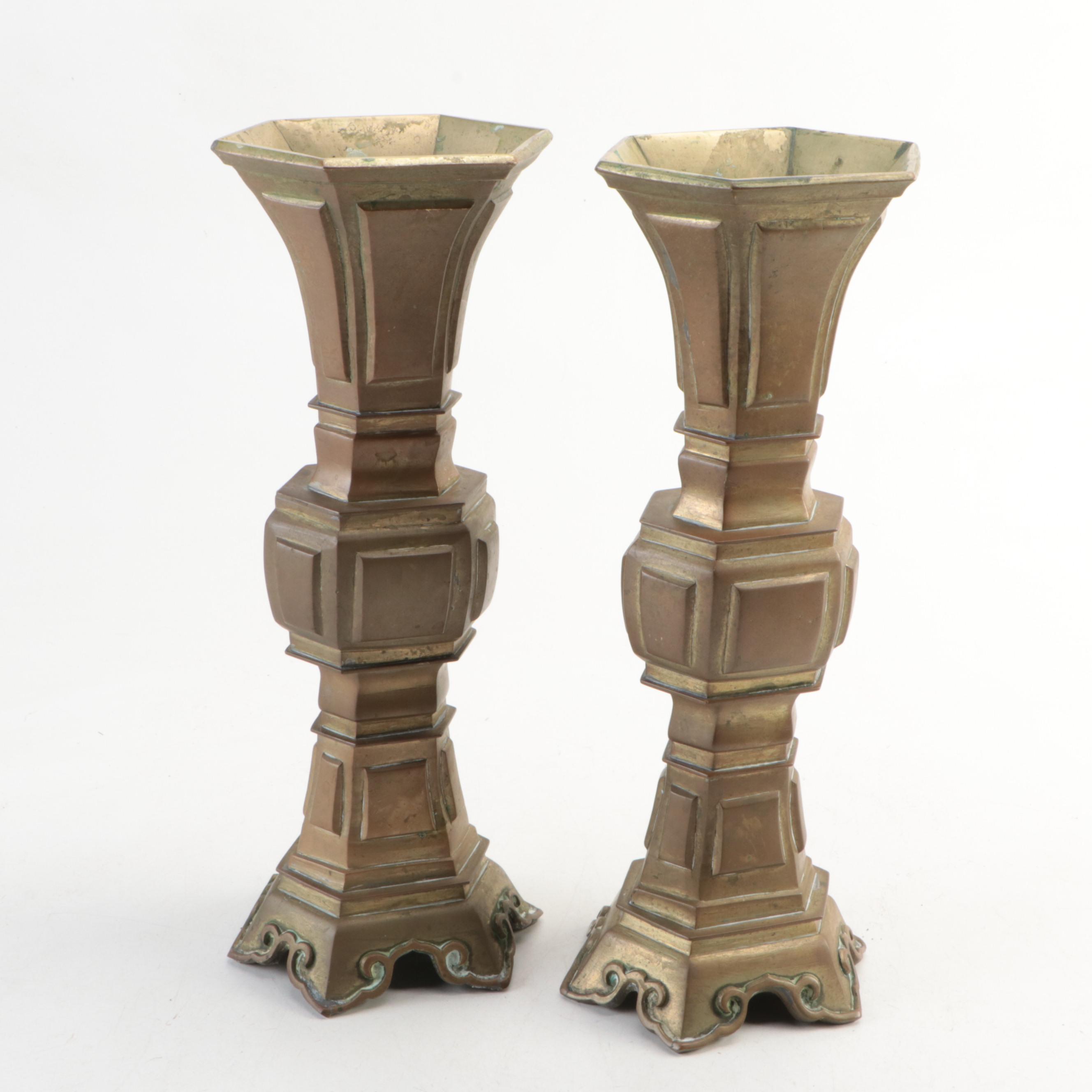 Pair of Victorian Style Brass Candlesticks with Gothic Revival Style Vases