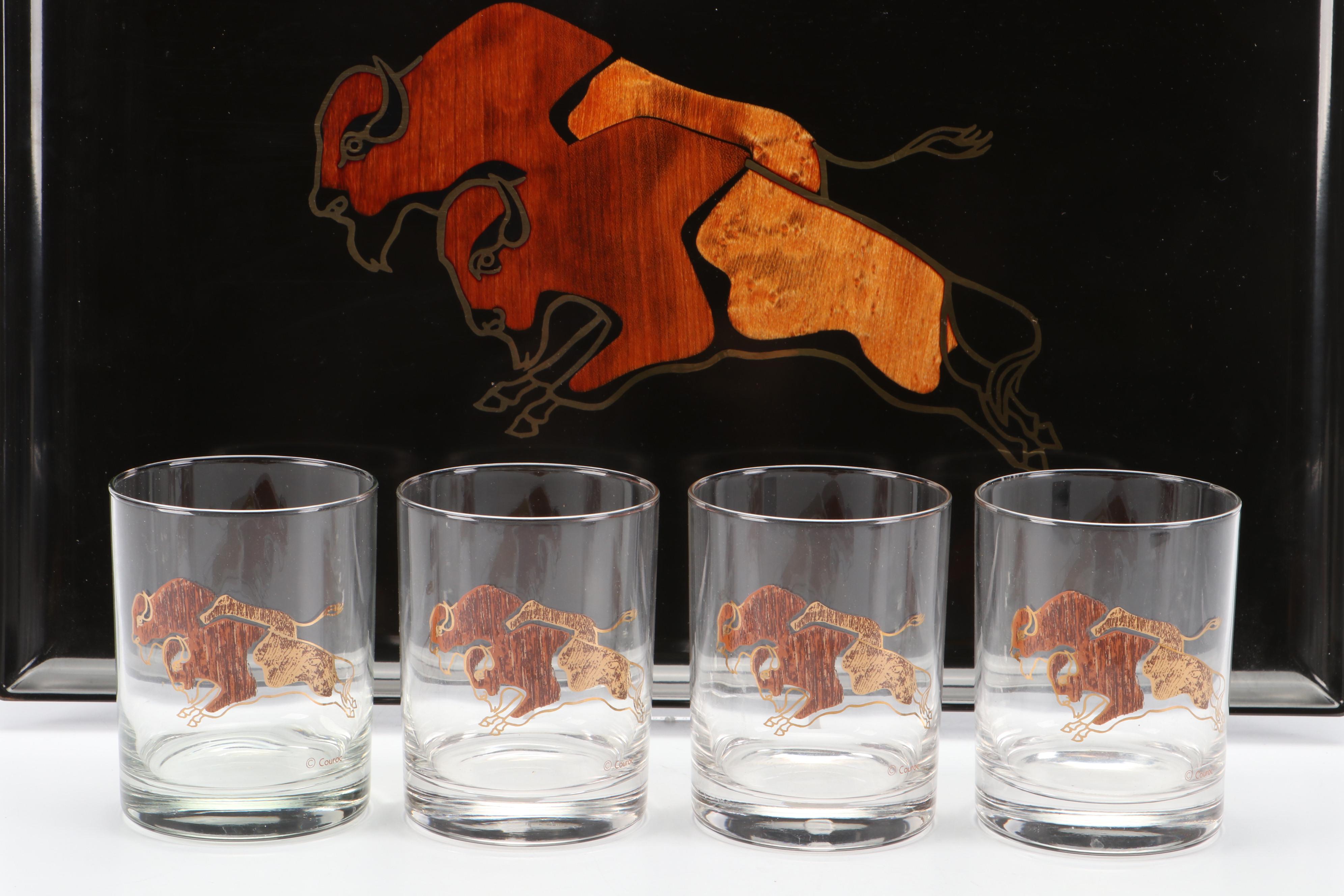 Couroc Buffalo Pattern Tray and Old Fashioned Glasses, Mid to Late 20th Century