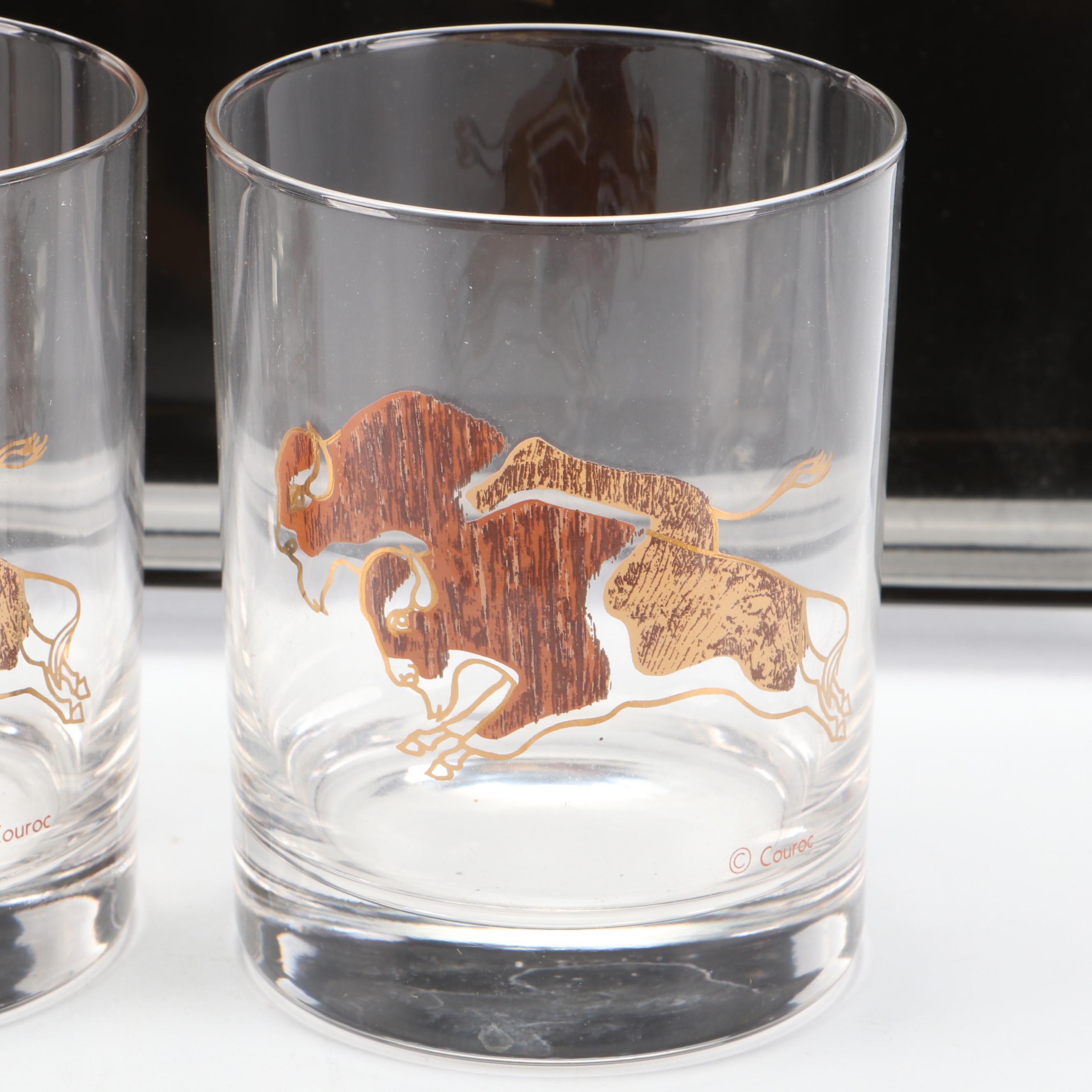 Couroc Buffalo Pattern Tray and Old Fashioned Glasses, Mid to Late 20th Century