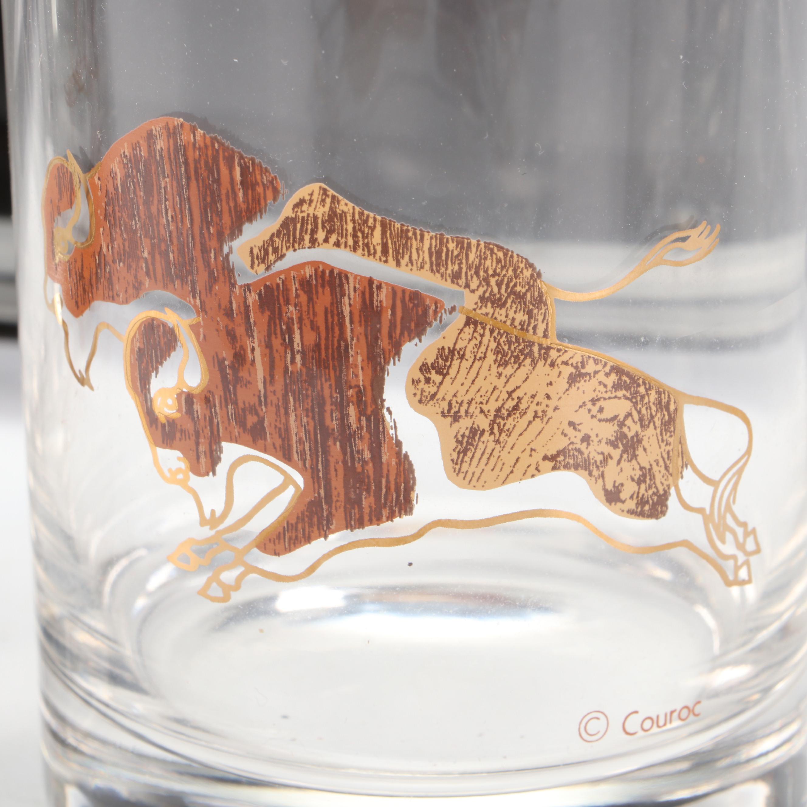 Couroc Buffalo Pattern Tray and Old Fashioned Glasses, Mid to Late 20th Century