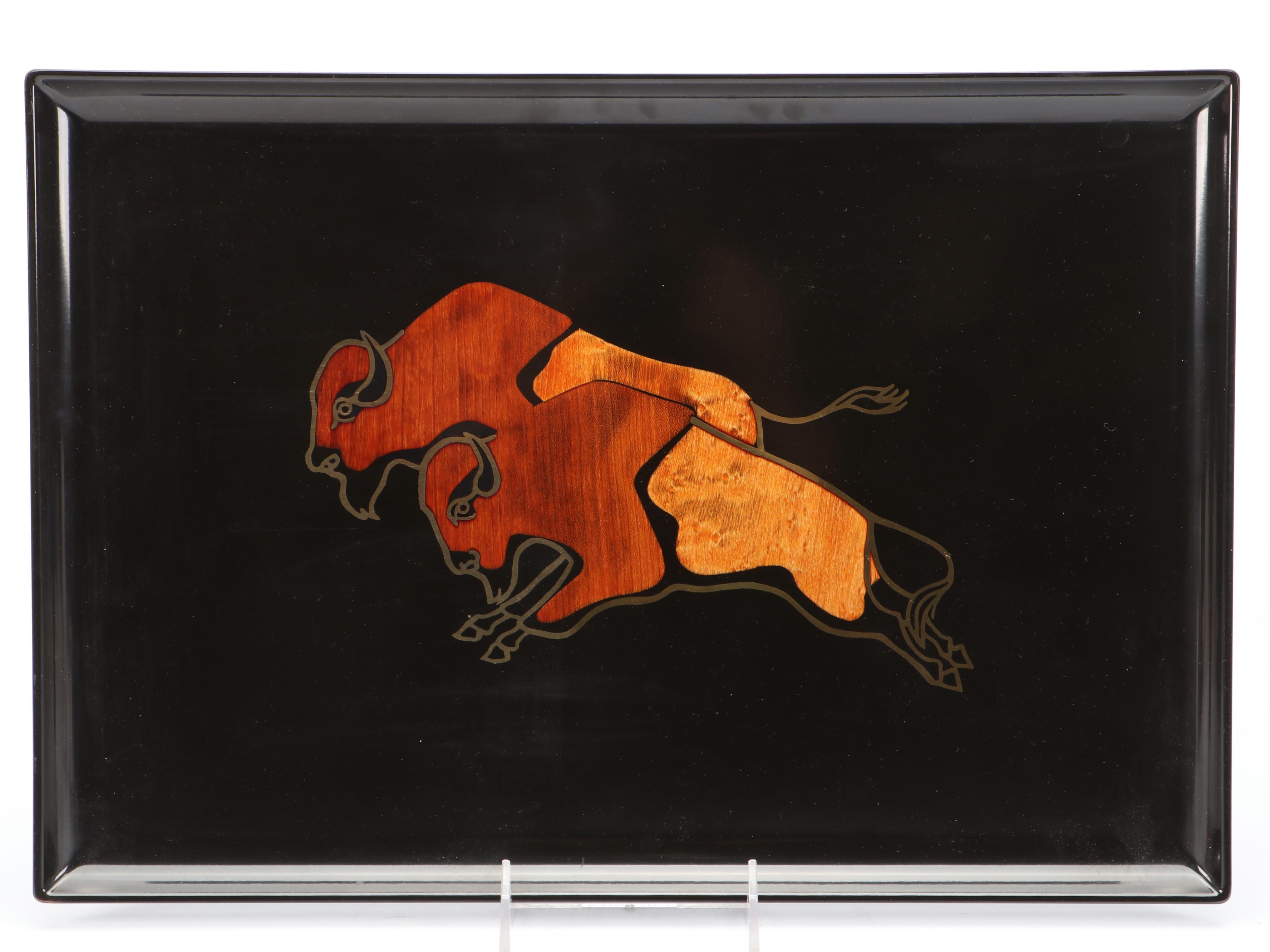 Couroc Buffalo Pattern Tray and Old Fashioned Glasses, Mid to Late 20th Century