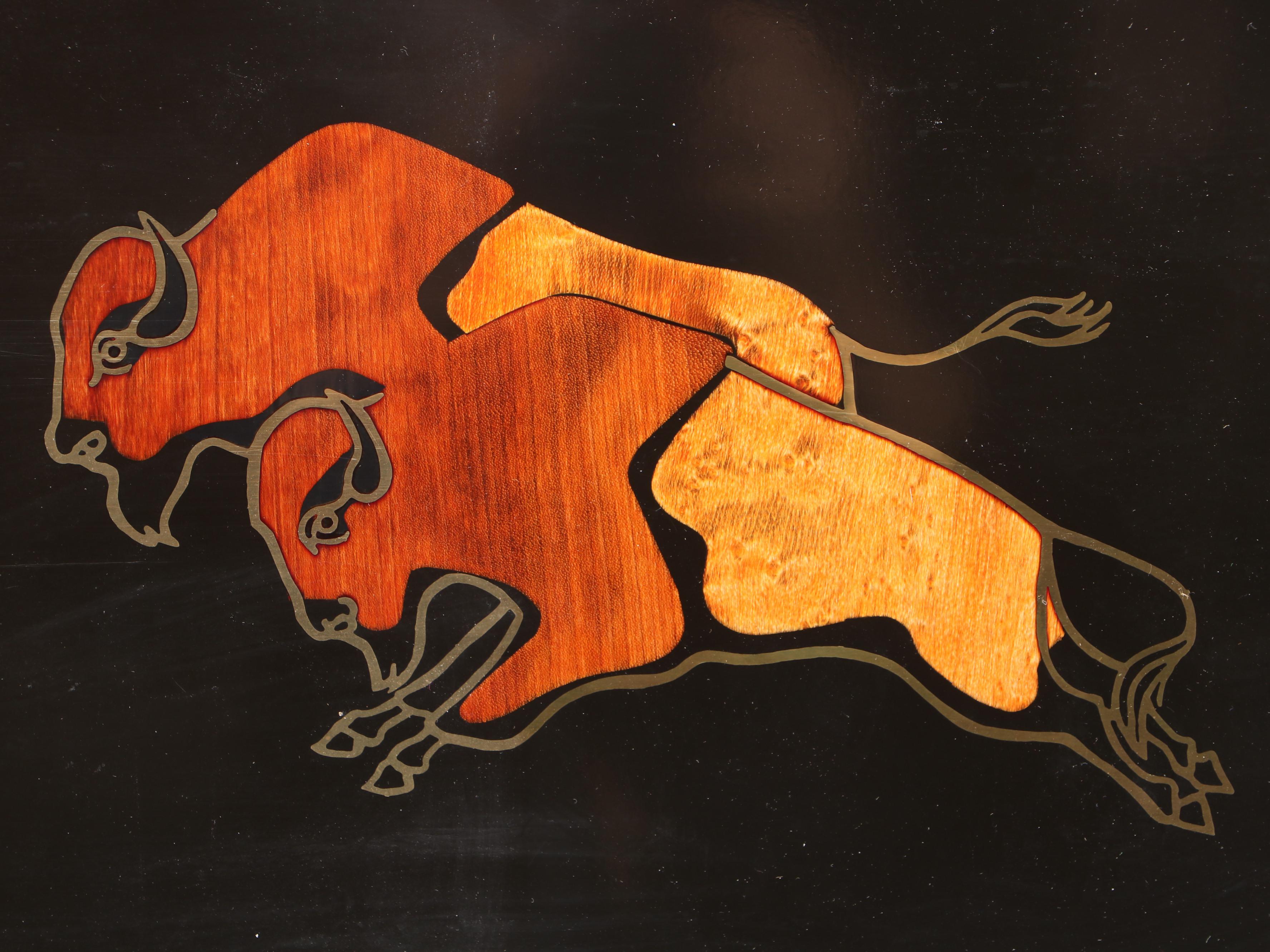 Couroc Buffalo Pattern Tray and Old Fashioned Glasses, Mid to Late 20th Century