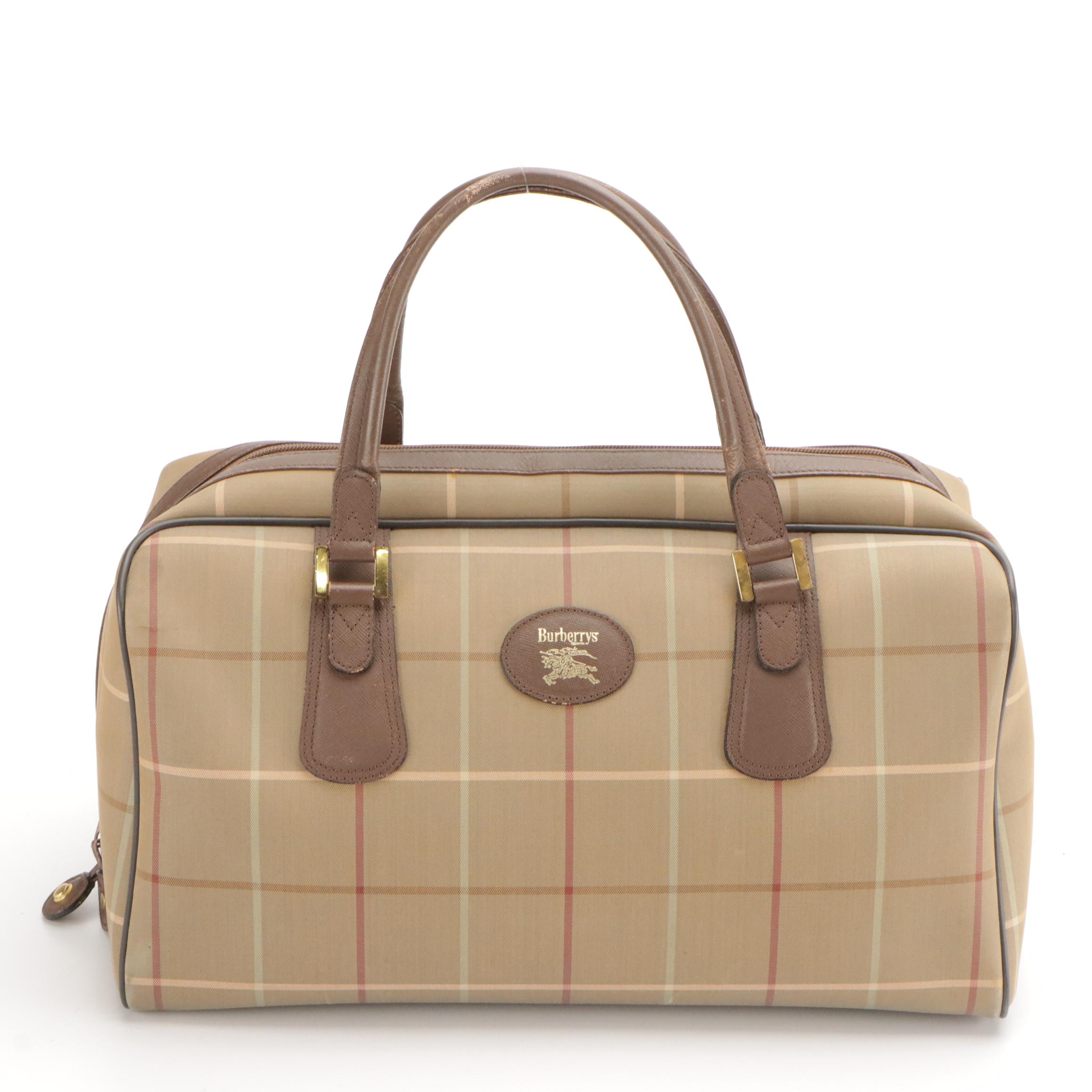 Burberrys Boston Duffle Bag in Windowpane Check Canvas and Leather