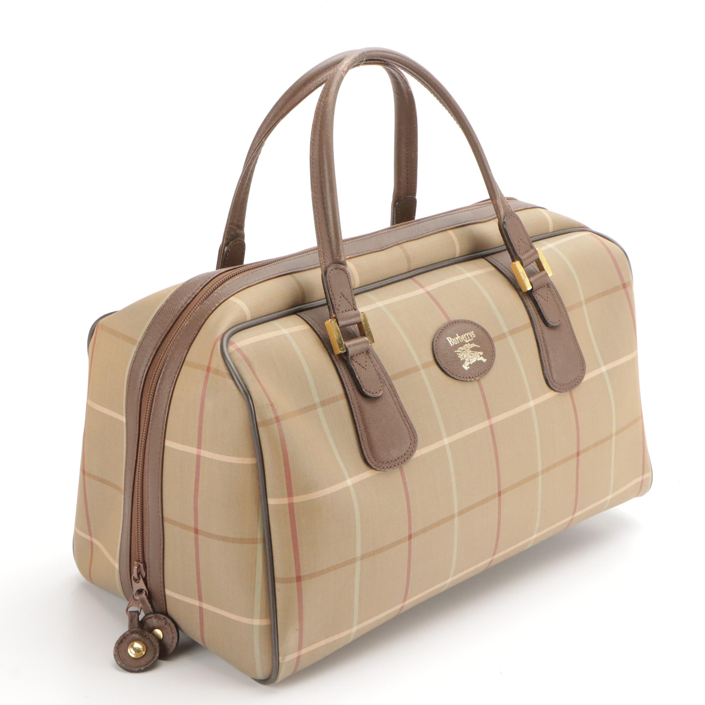 Burberrys Boston Duffle Bag in Windowpane Check Canvas and Leather