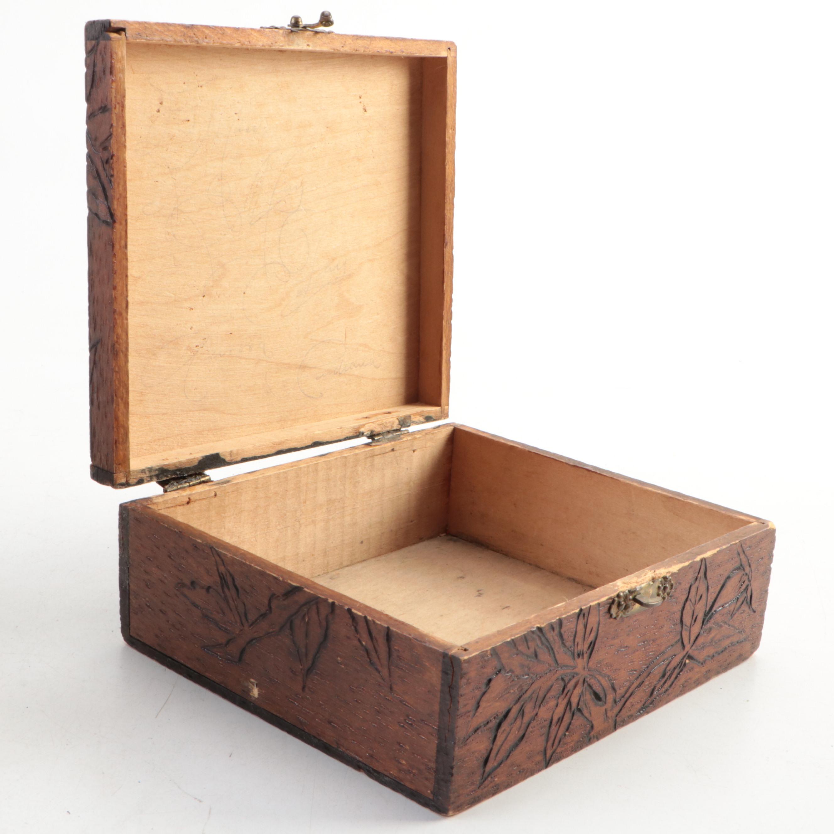 Trench Art Candlesticks with Pyrography Box, Early to Mid-20th Century