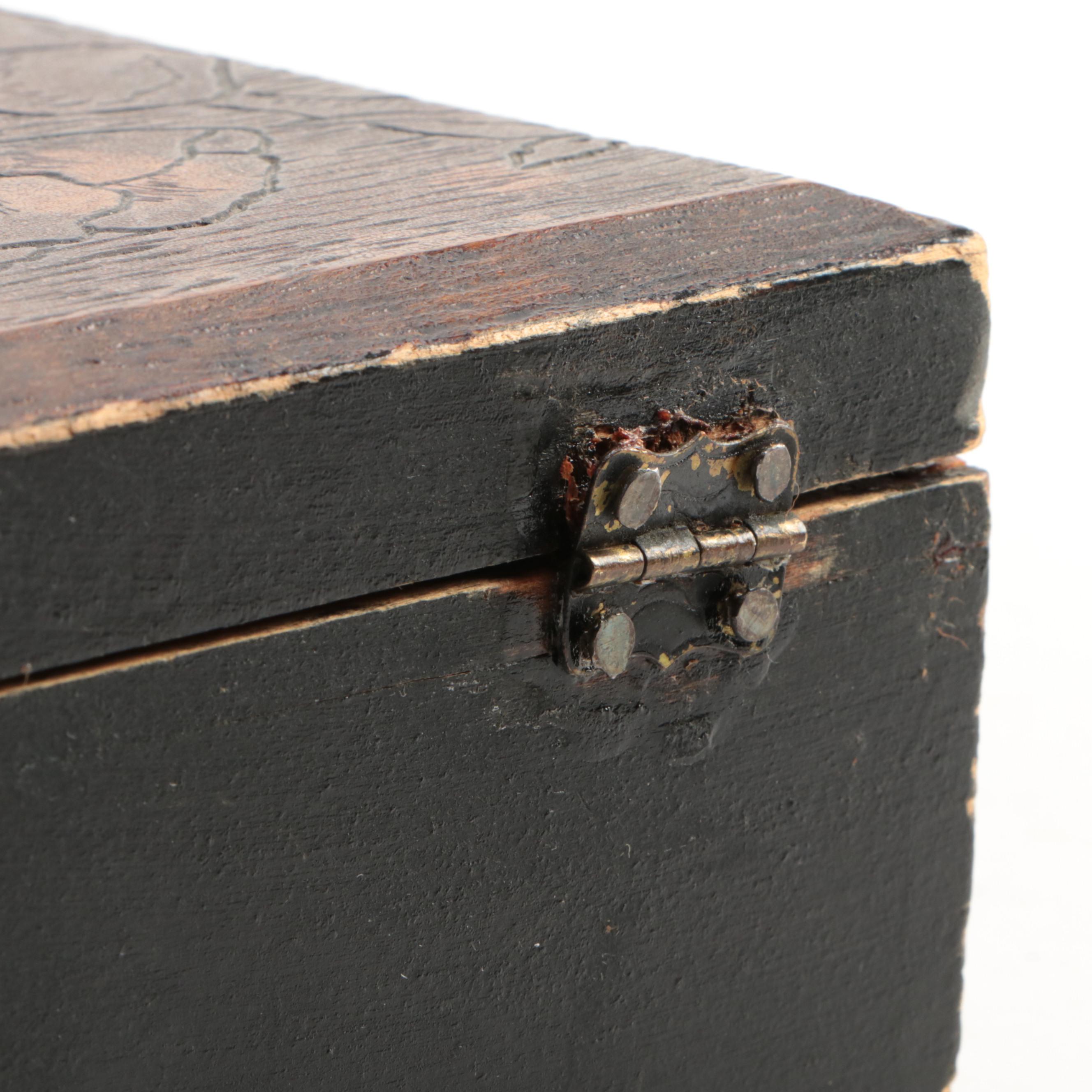 Trench Art Candlesticks with Pyrography Box, Early to Mid-20th Century
