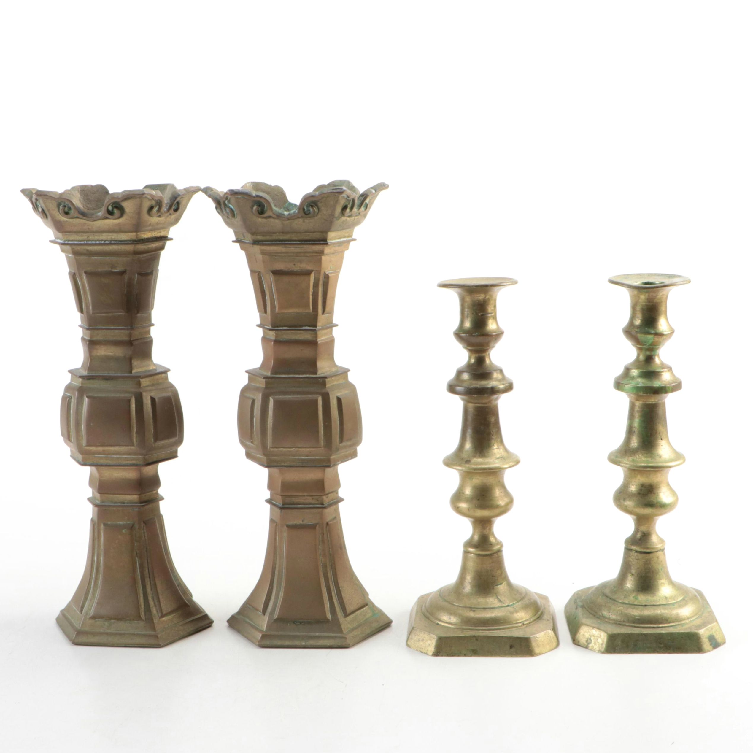 Pair of Victorian Style Brass Candlesticks with Gothic Revival Style Vases