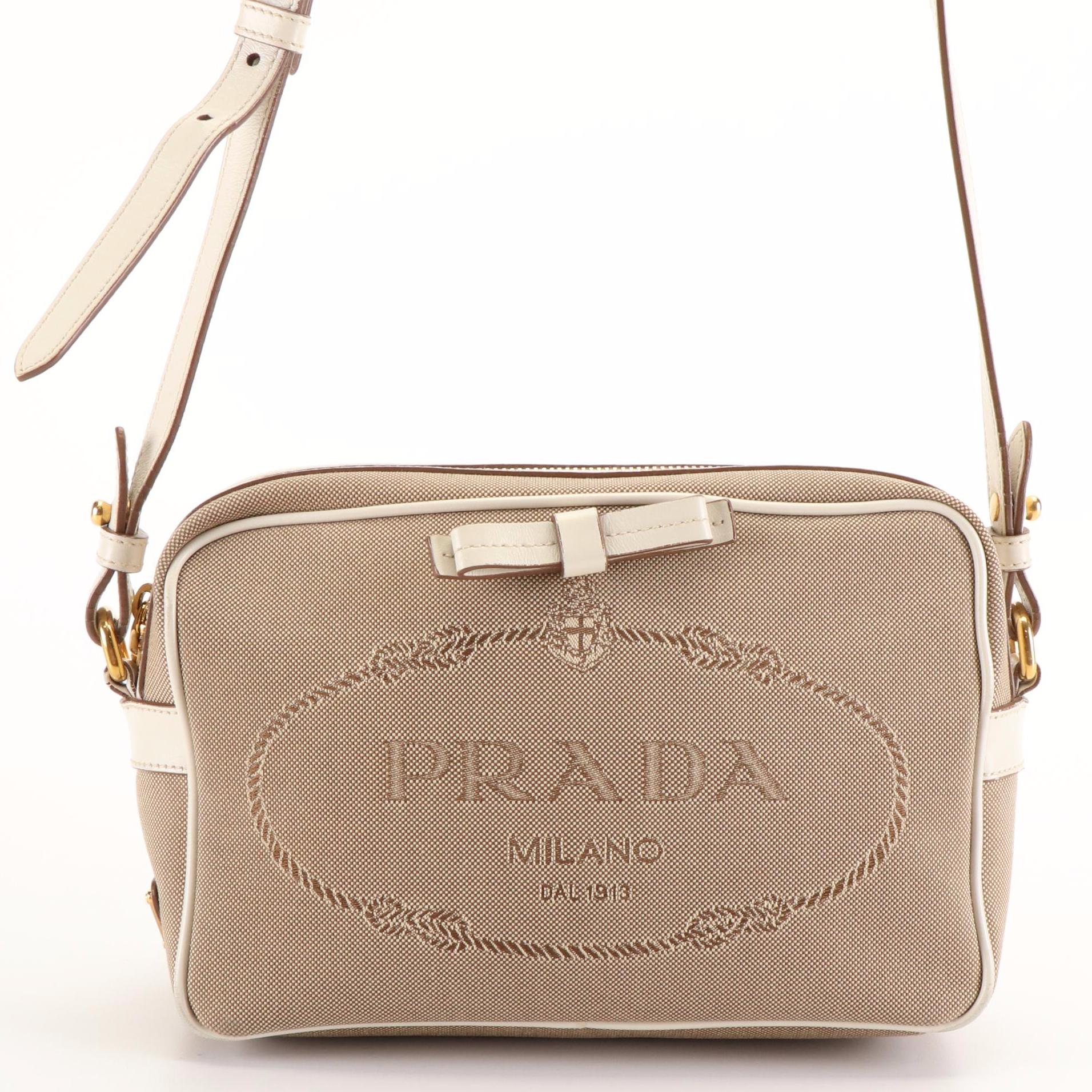 Prada Beige Logo Jacquard Canvas Crossbody Camera Bag with Leather Bow Detail