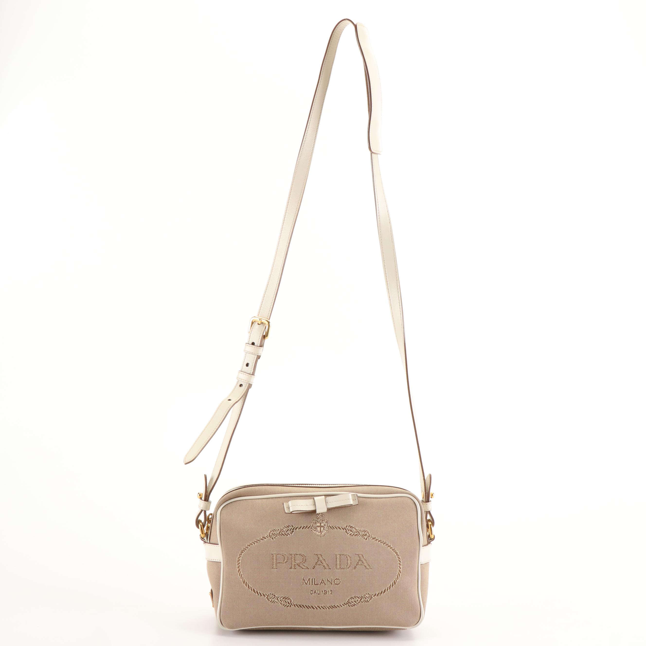 Prada Beige Logo Jacquard Canvas Crossbody Camera Bag with Leather Bow Detail