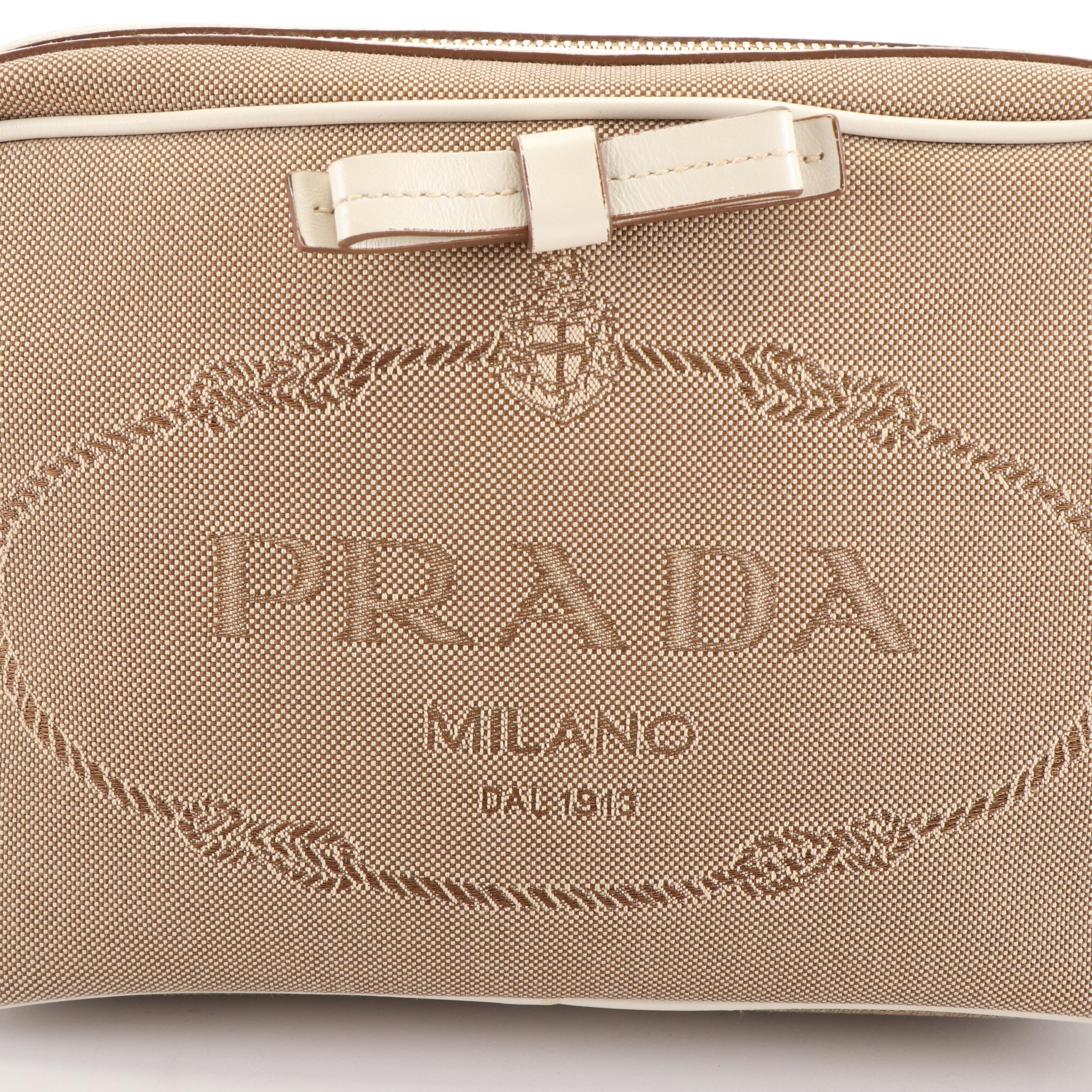 Prada Beige Logo Jacquard Canvas Crossbody Camera Bag with Leather Bow Detail