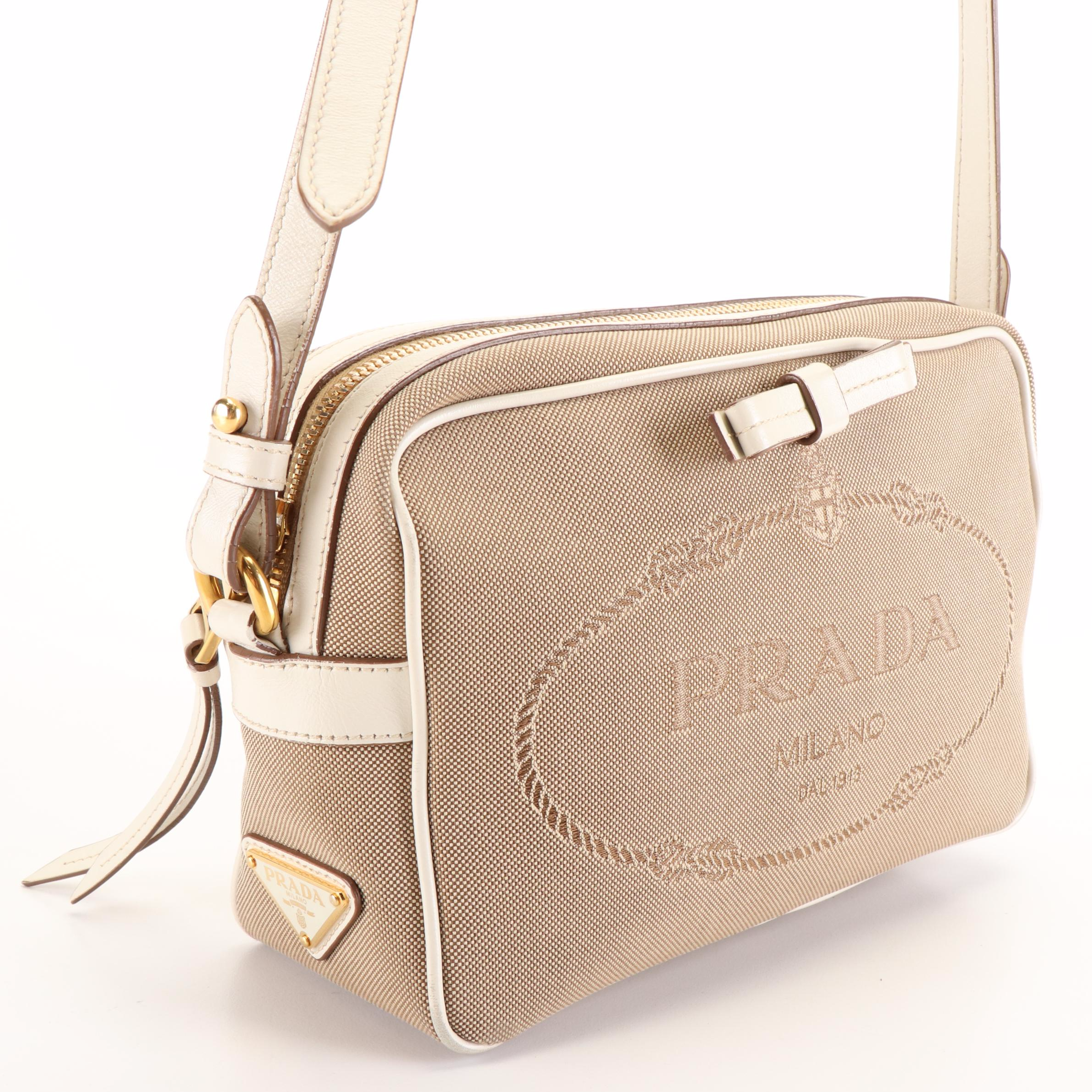 Prada Beige Logo Jacquard Canvas Crossbody Camera Bag with Leather Bow Detail