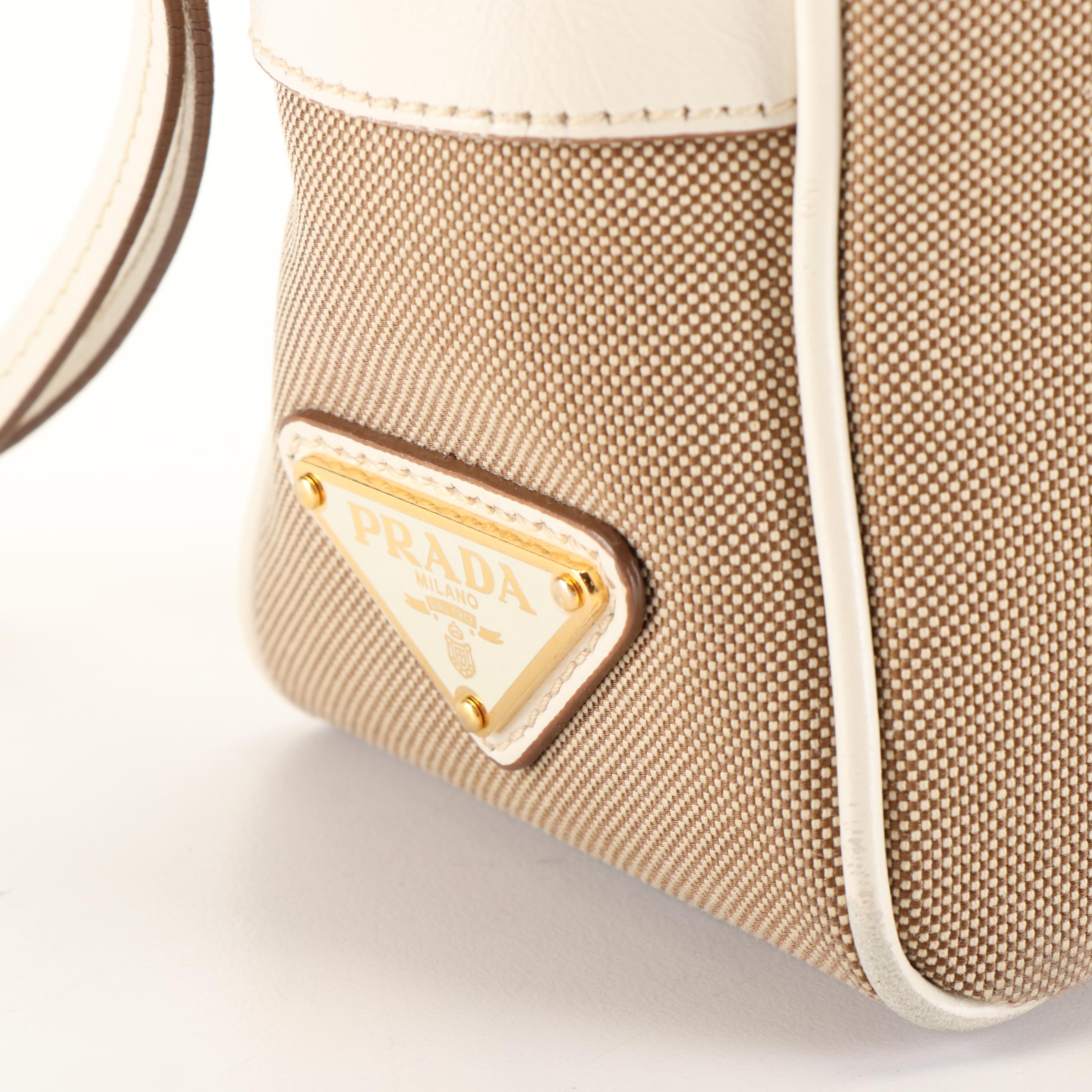 Prada Beige Logo Jacquard Canvas Crossbody Camera Bag with Leather Bow Detail