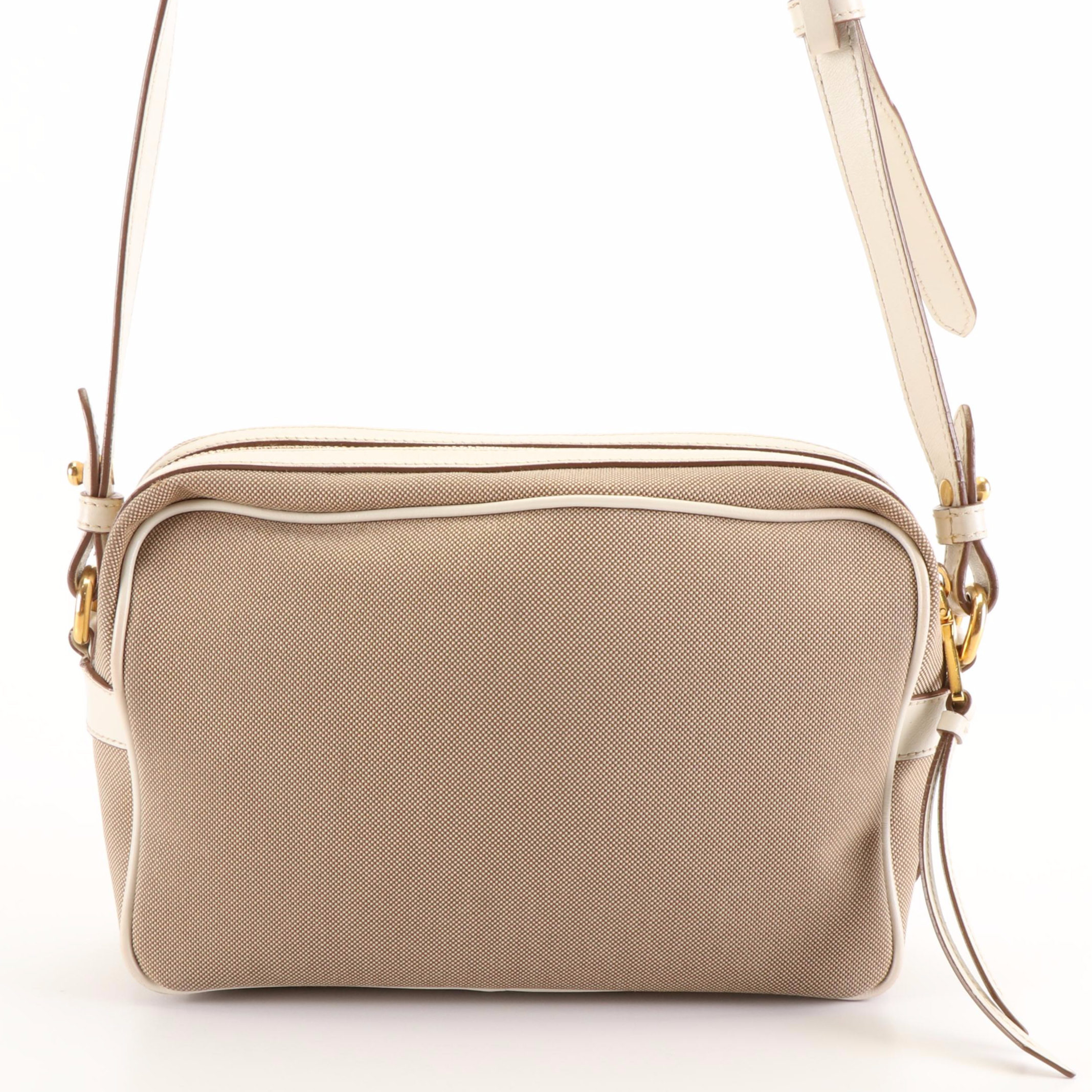Prada Beige Logo Jacquard Canvas Crossbody Camera Bag with Leather Bow Detail