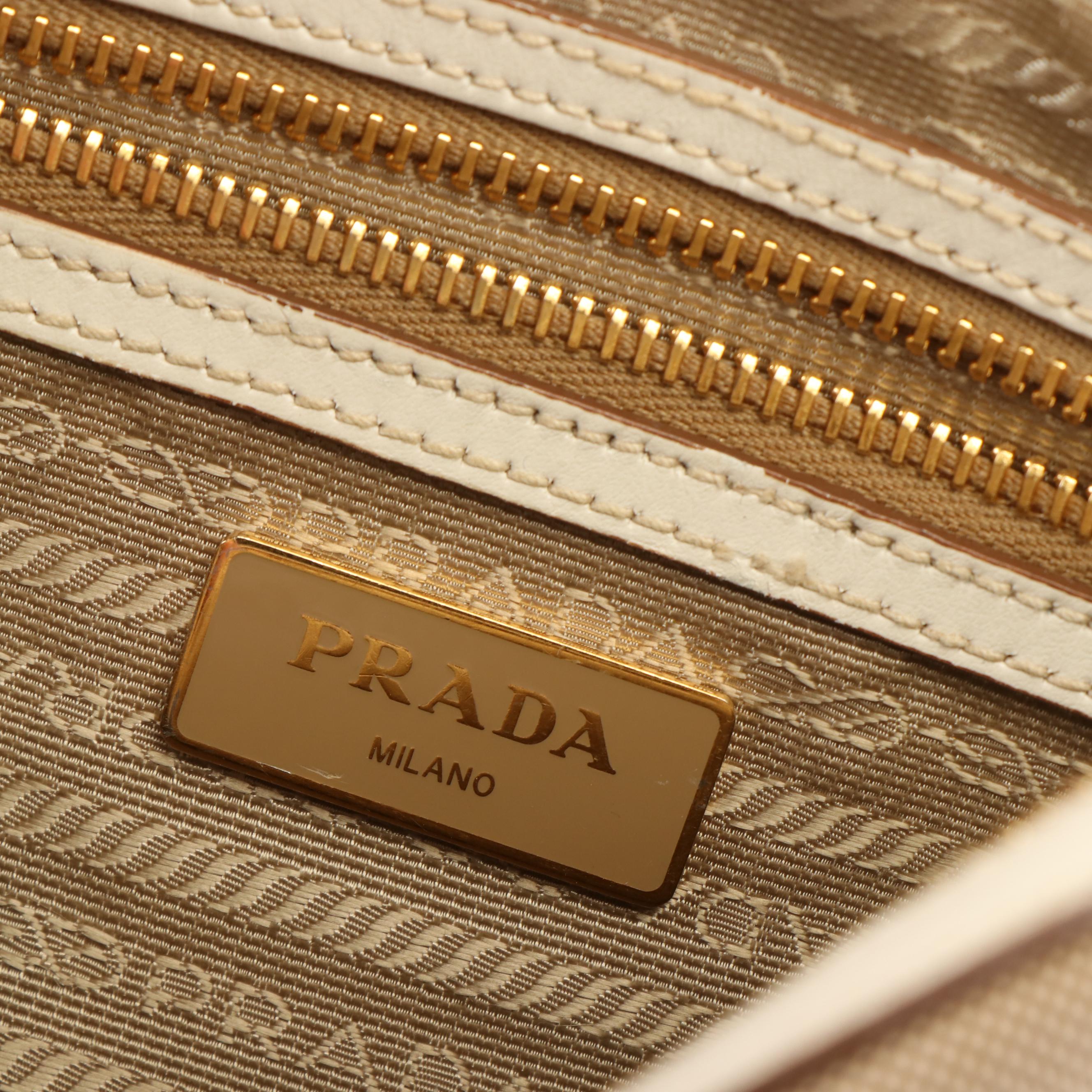 Prada Beige Logo Jacquard Canvas Crossbody Camera Bag with Leather Bow Detail