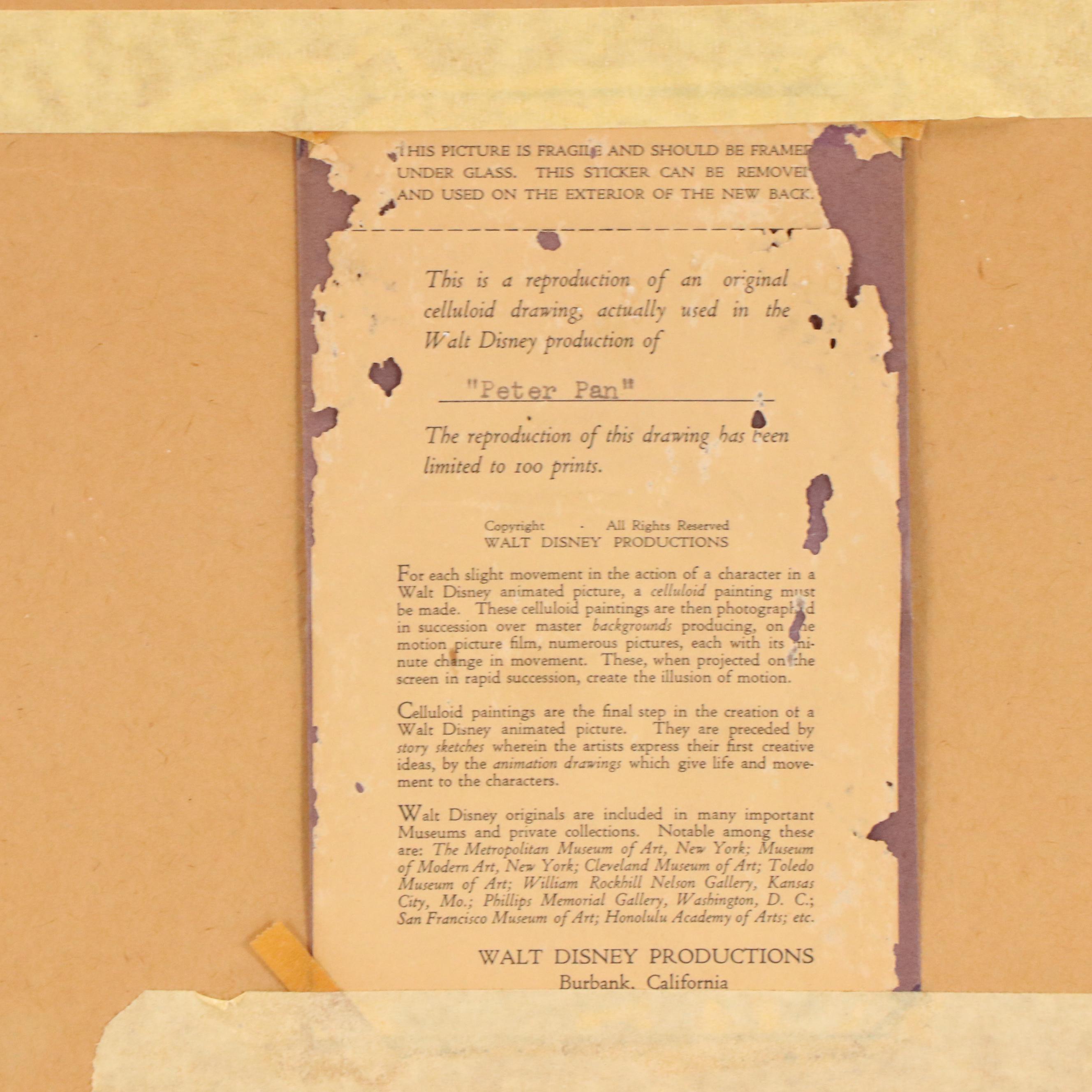 Walt Disney Reproduction Celluloid Drawing From "Peter Pan," Mid-20th Century