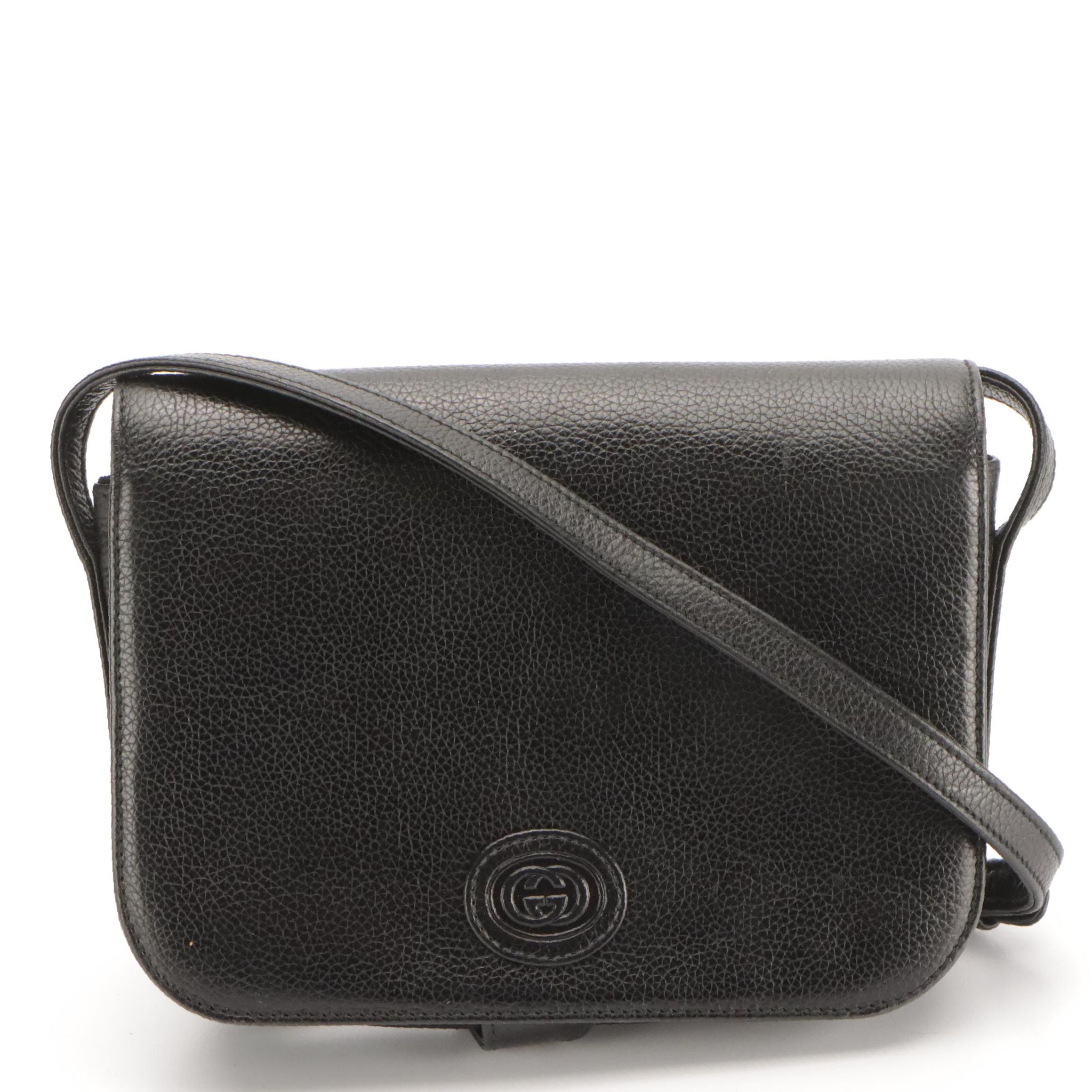Gucci Vintage Black Leather Crossbody Messenger Bag