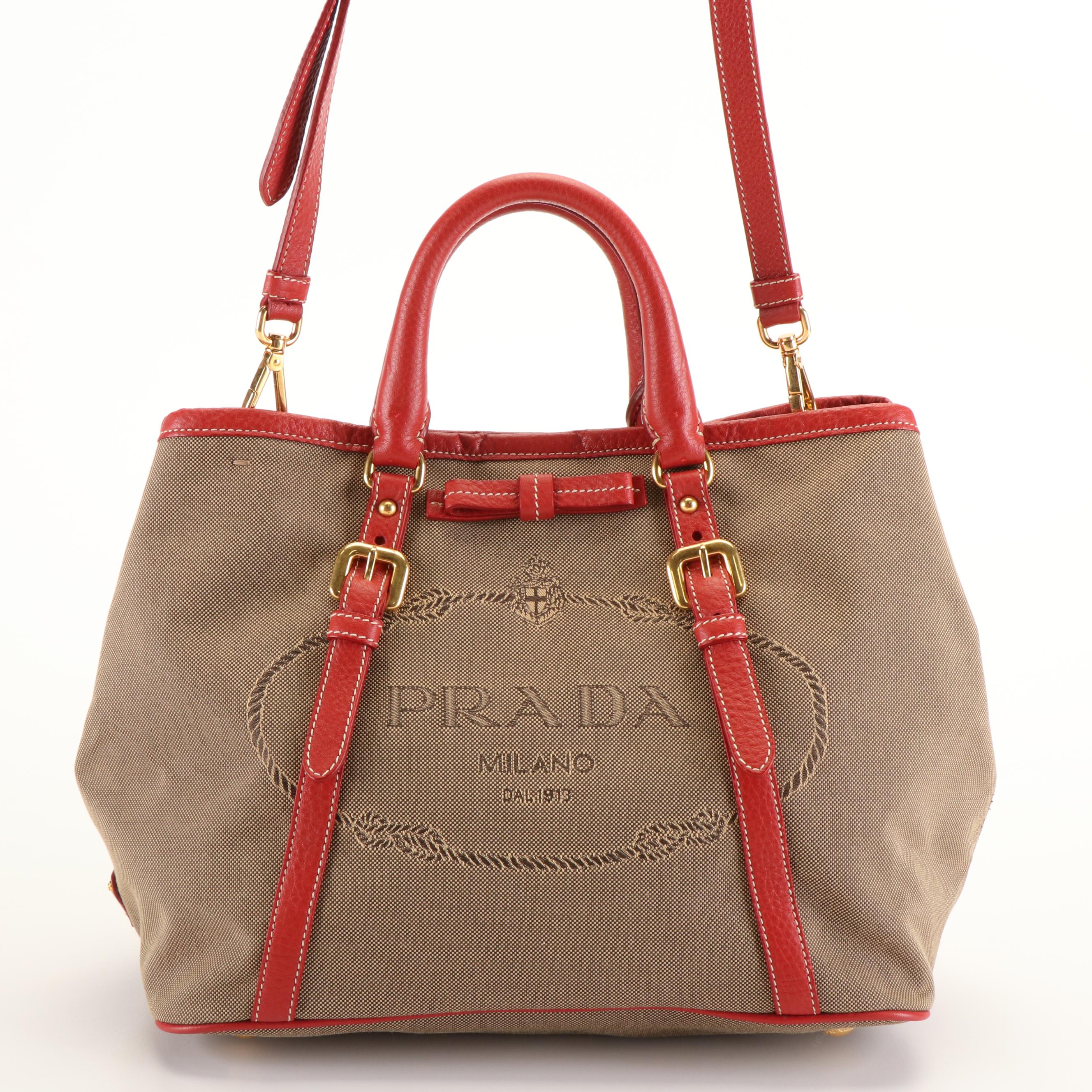 Prada Leather-Trimmed Logo Jacquard Satchel