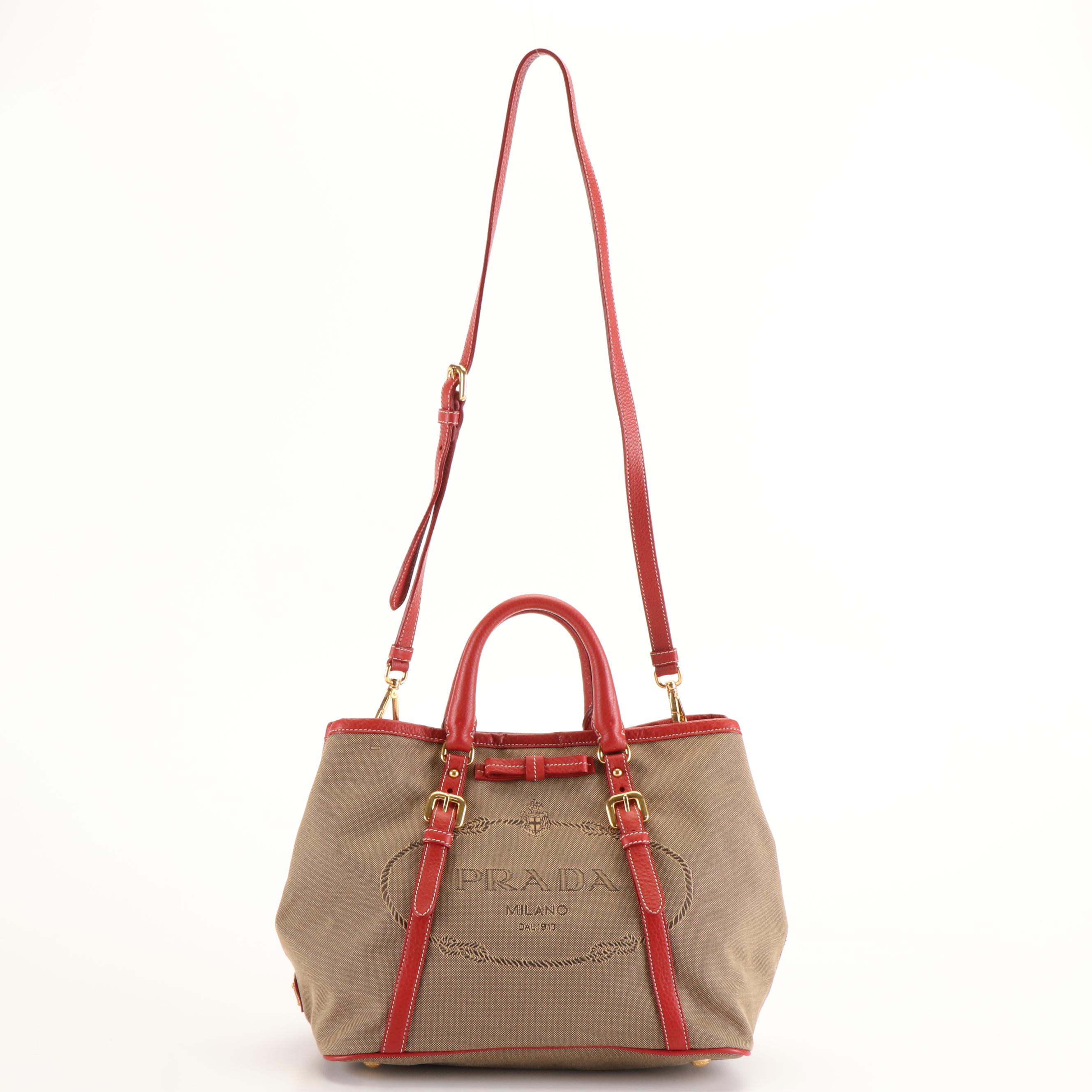 Prada Leather-Trimmed Logo Jacquard Satchel