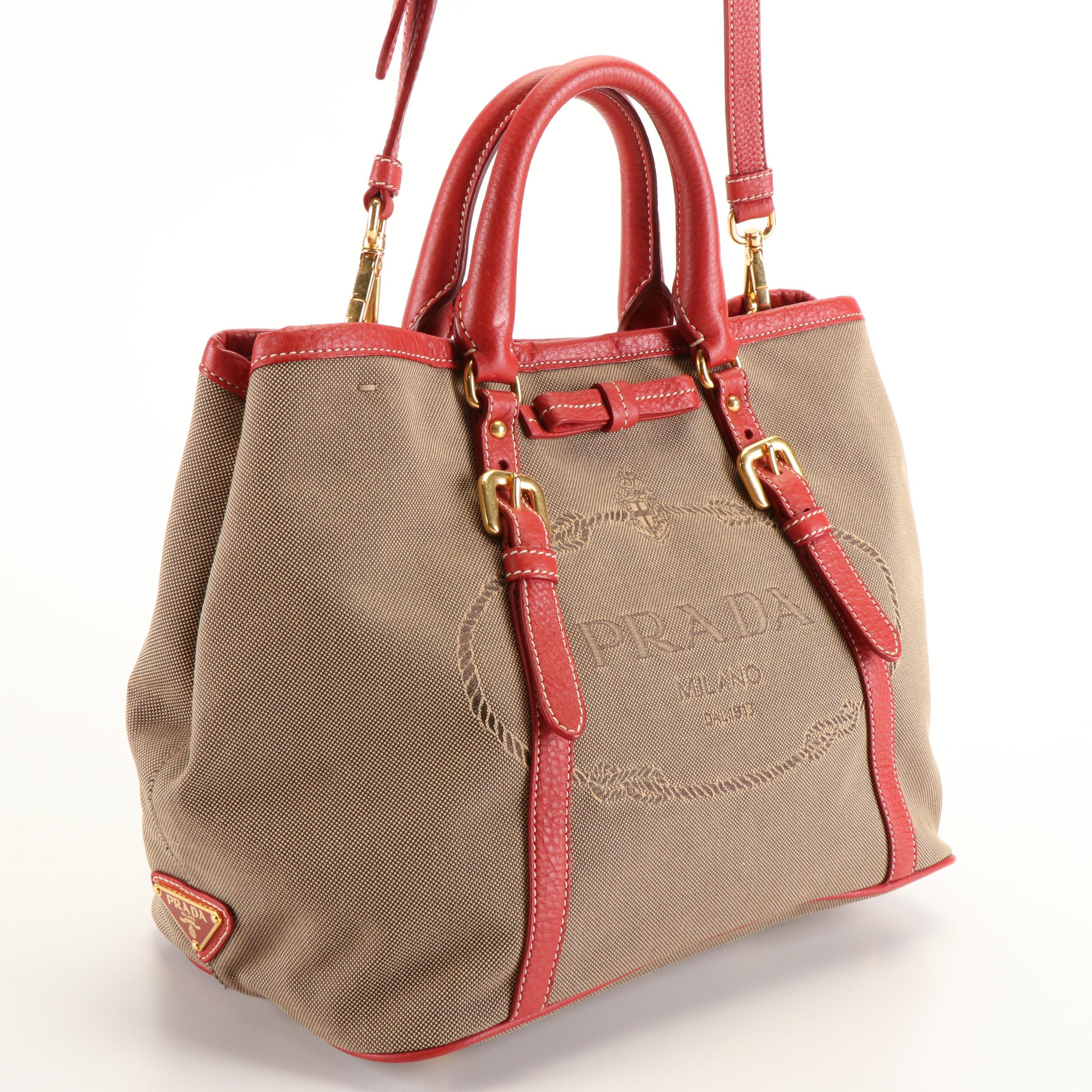 Prada Leather-Trimmed Logo Jacquard Satchel