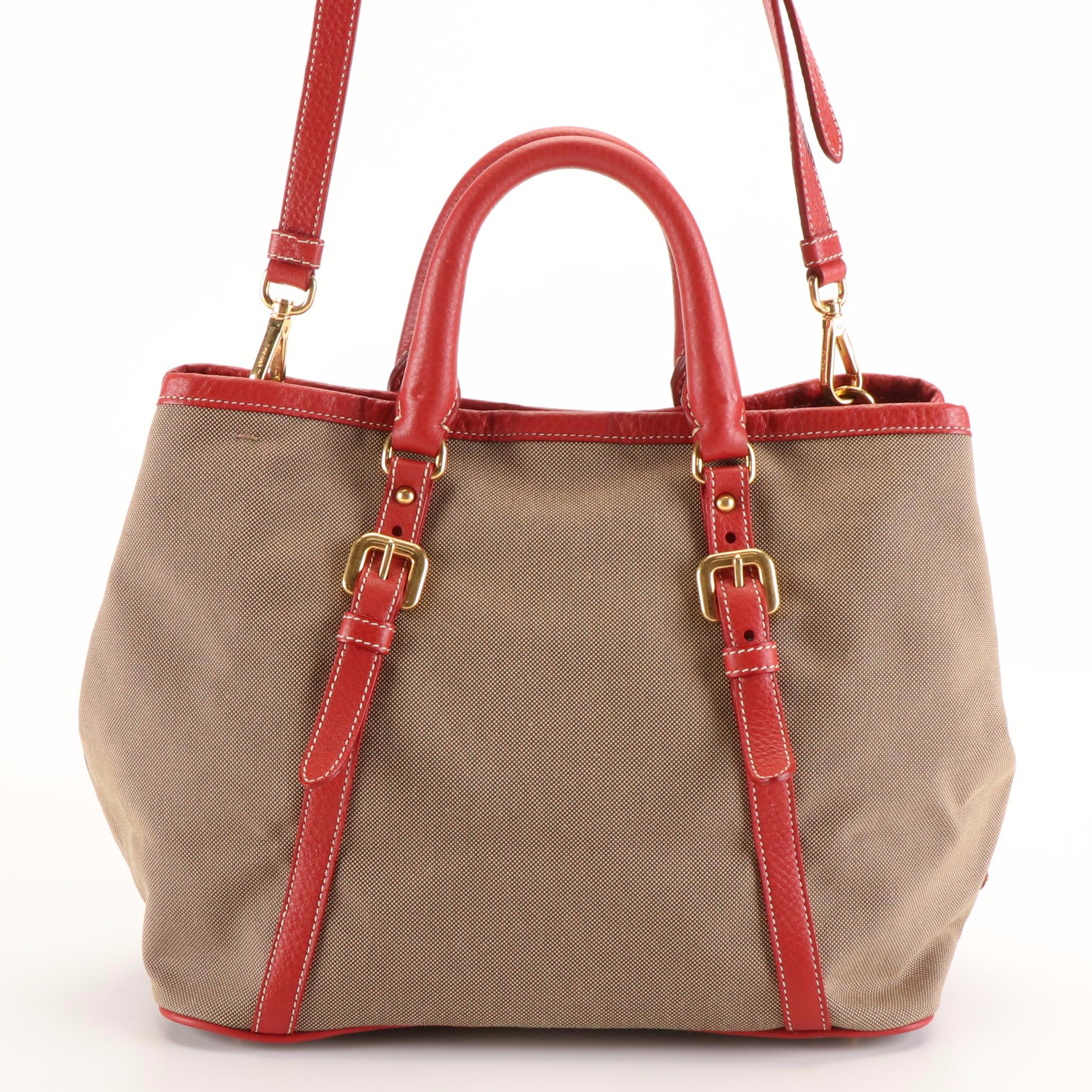 Prada Leather-Trimmed Logo Jacquard Satchel