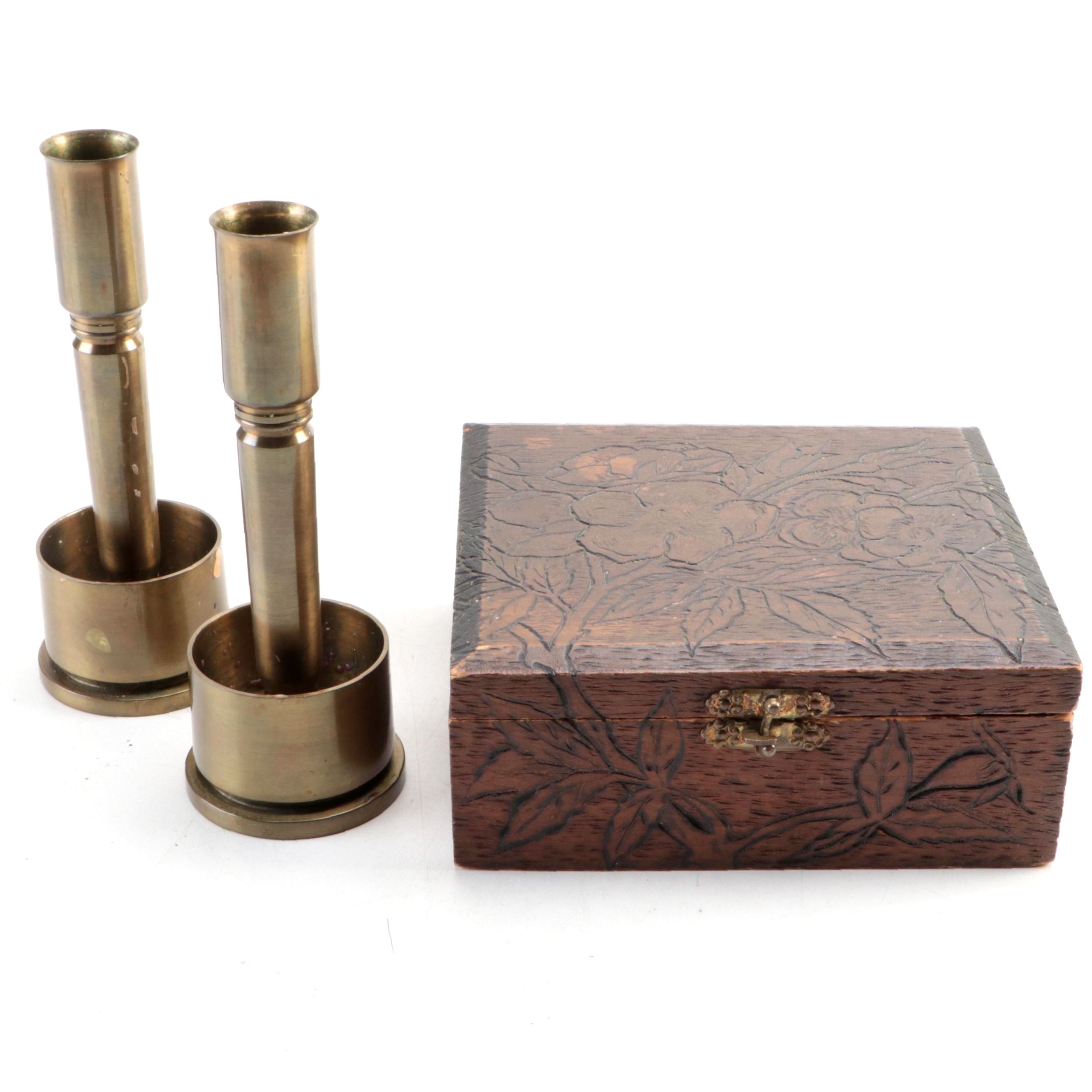 Trench Art Candlesticks with Pyrography Box, Early to Mid-20th Century