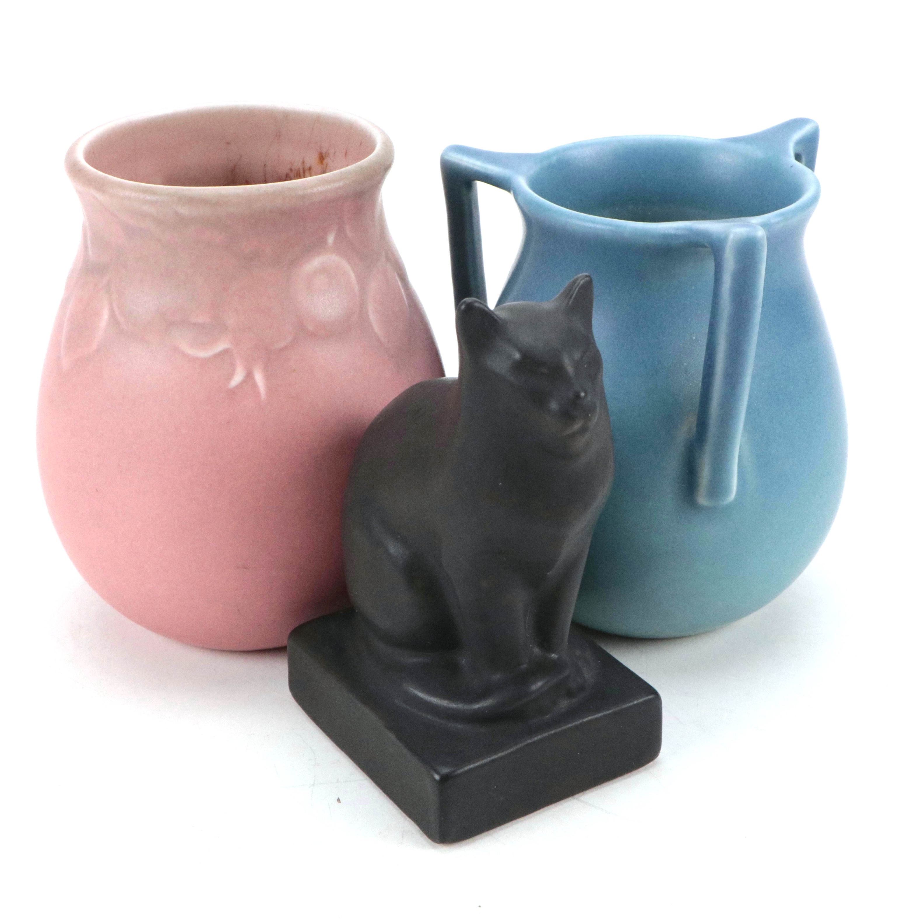 Rookwood Pottery Ceramic Vases and Black Cat
