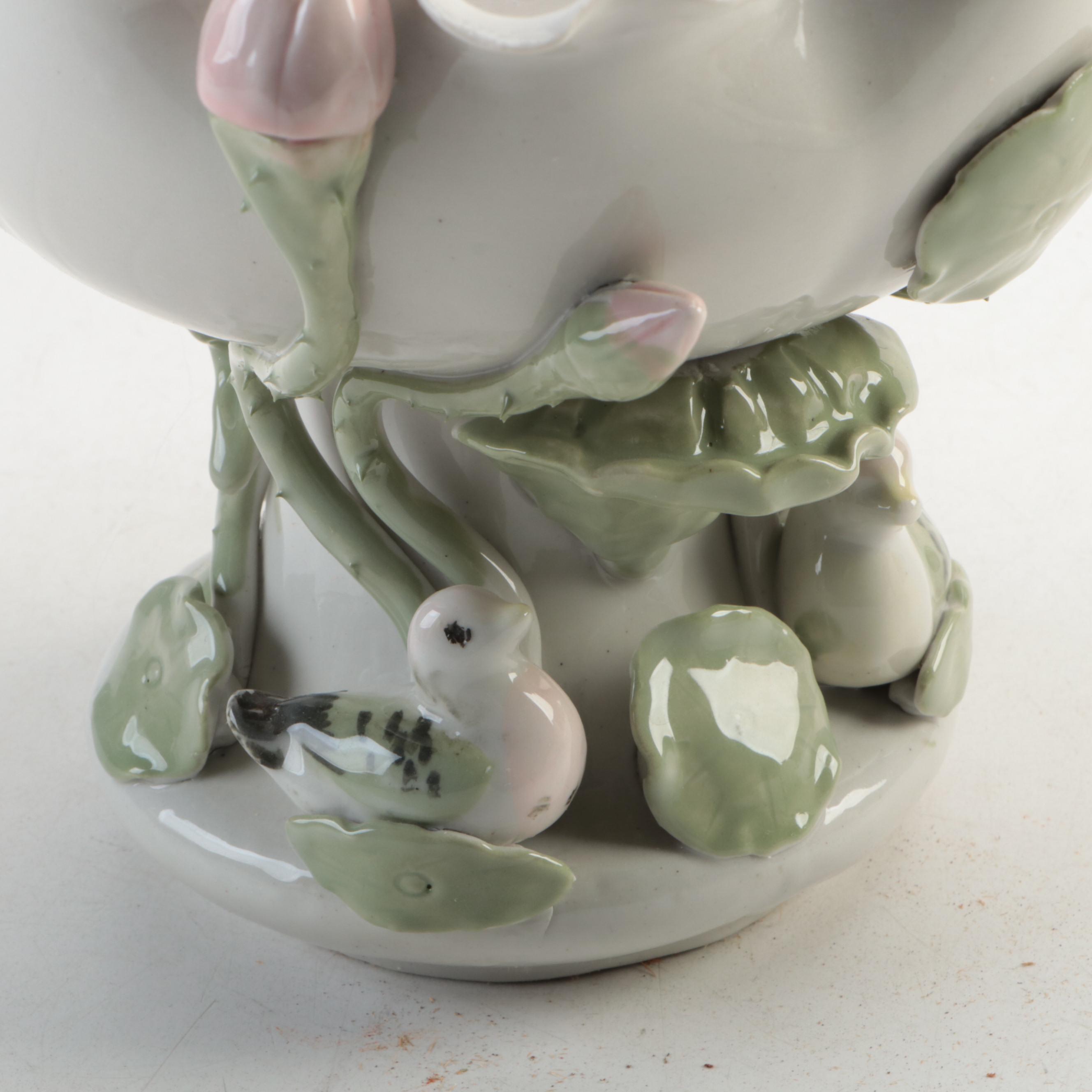 Chinese Porcelain Centerpiece Bowl with Lotus and Ducks, Flower Frog, More