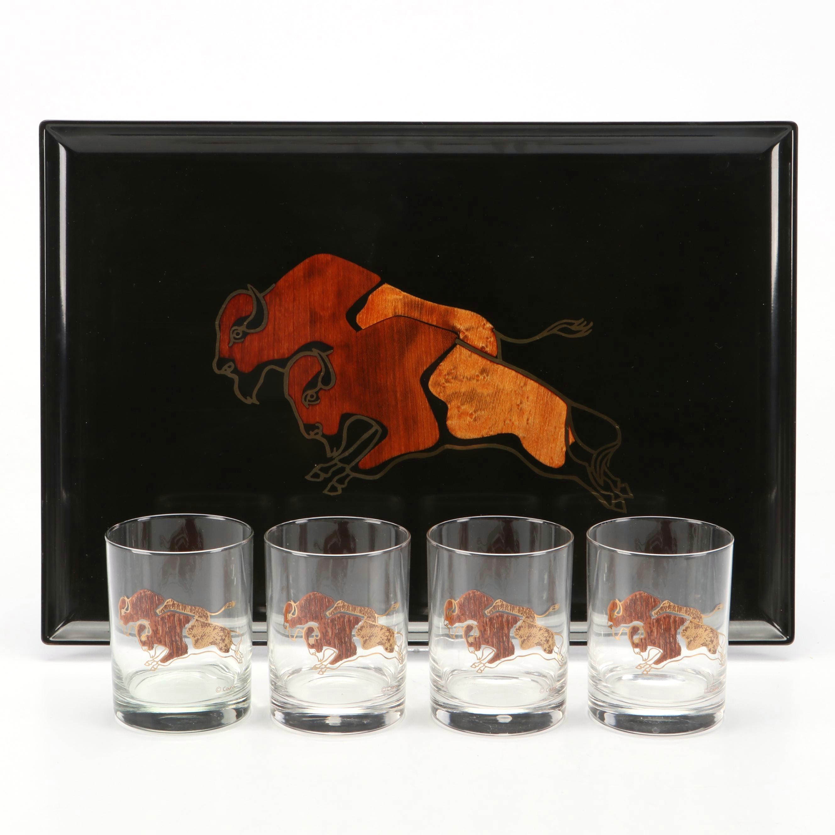 Couroc Buffalo Pattern Tray and Old Fashioned Glasses, Mid to Late 20th Century