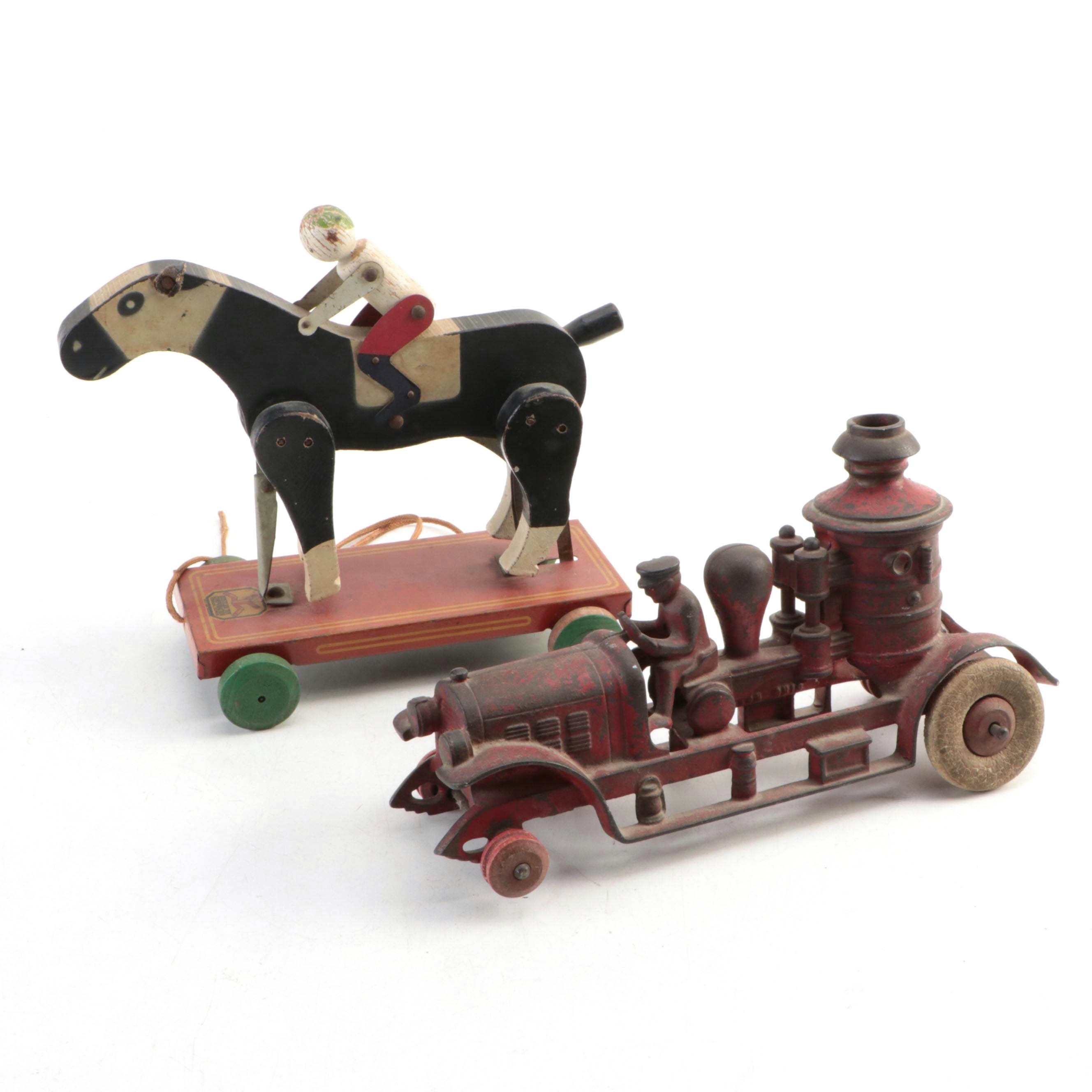 Horse & Jockey Pull Toy, Kenton Cast Iron Toy Fire Engine, Early/Mid-20th C