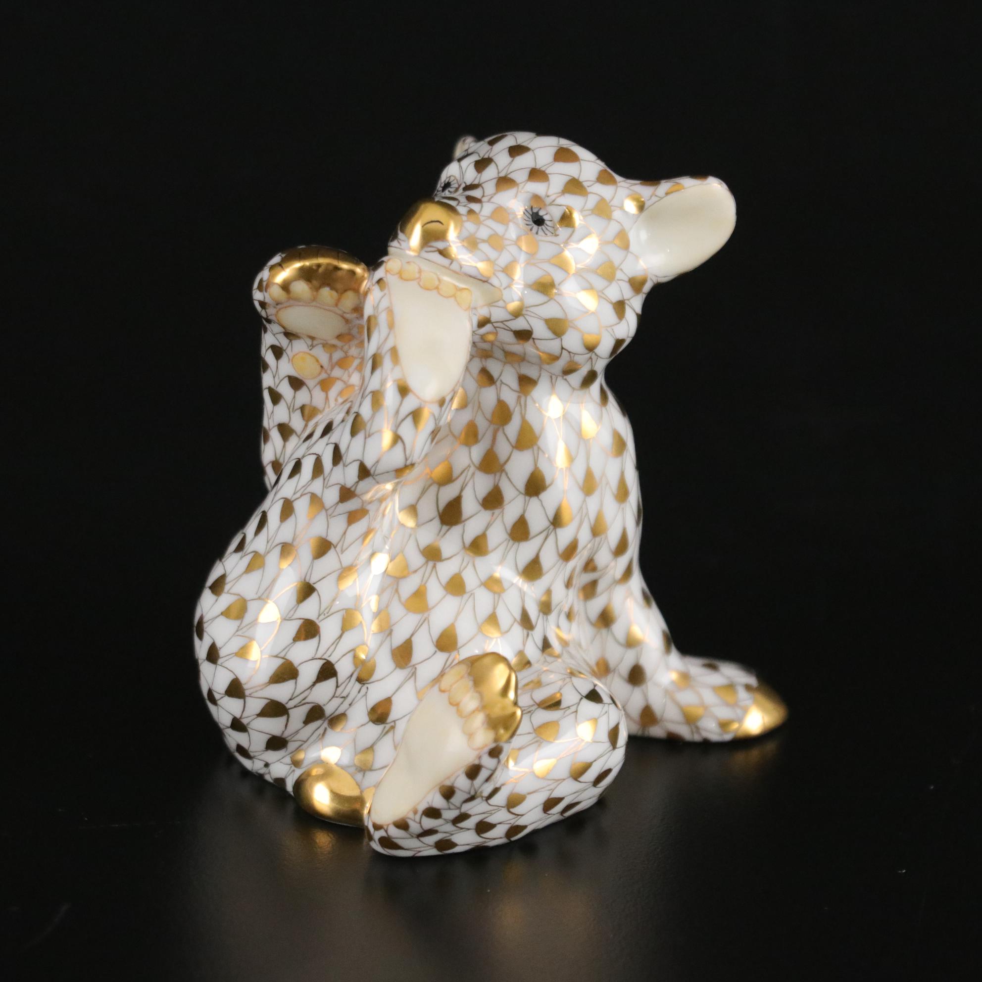 Herend Guild Gold Fishnet Hand Painted Porcelain Bear Cub, 2000