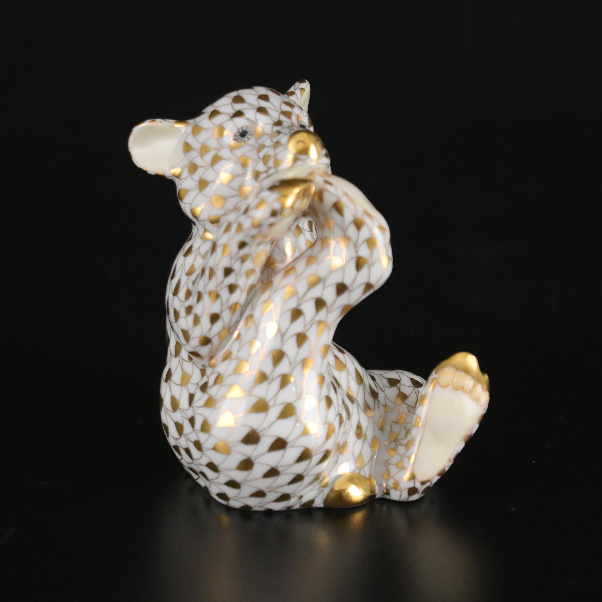 Herend Guild Gold Fishnet Hand Painted Porcelain Bear Cub, 2000